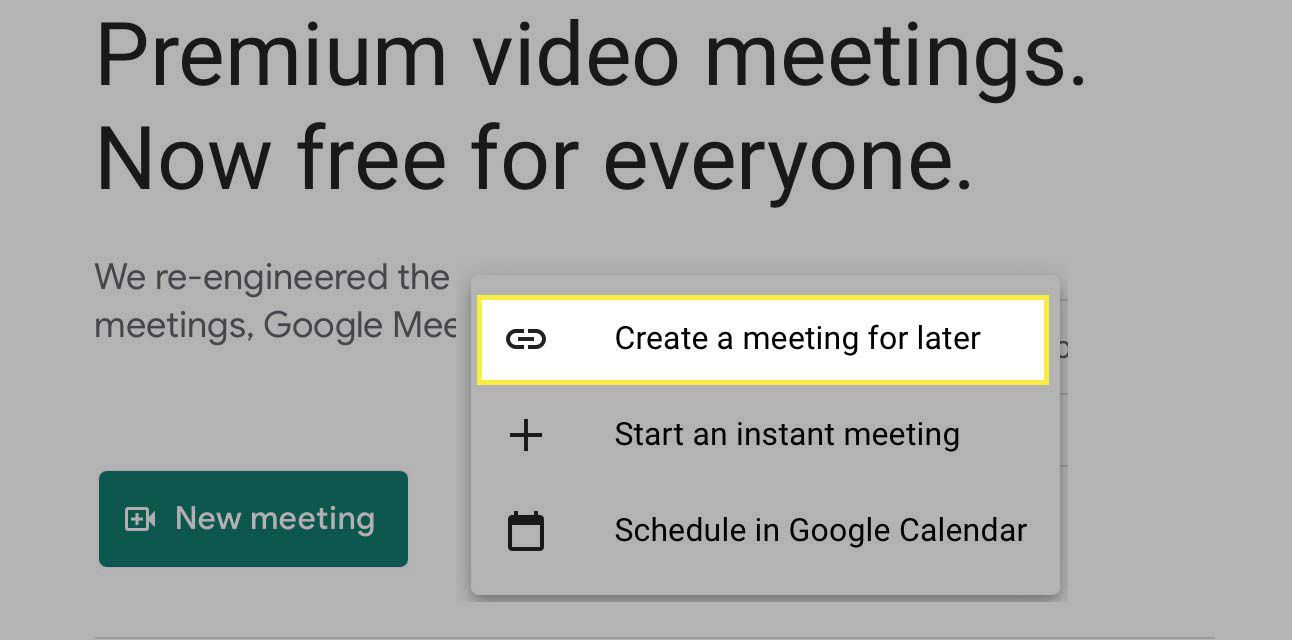 Ve službě Google Meet je zvýrazněno tlačítko Vytvořit schůzku na později.