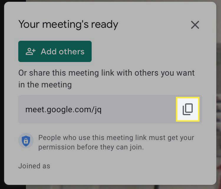 Tlačítko Kopírovat odkaz zvýrazněné v Google Meet.