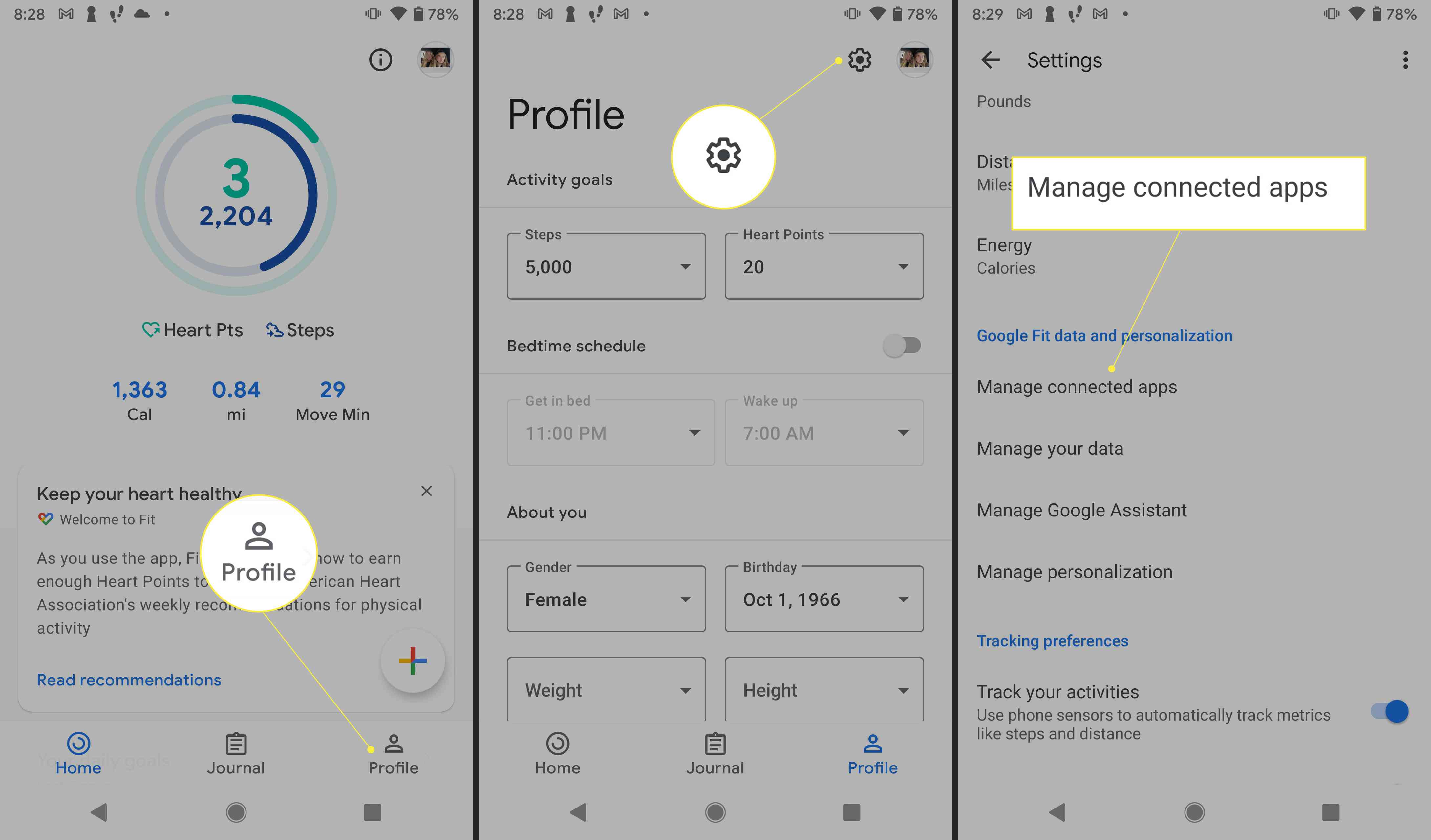 Aplikace Google Fit se zvýrazněným profilem, nastavením a „Správa připojených aplikací“