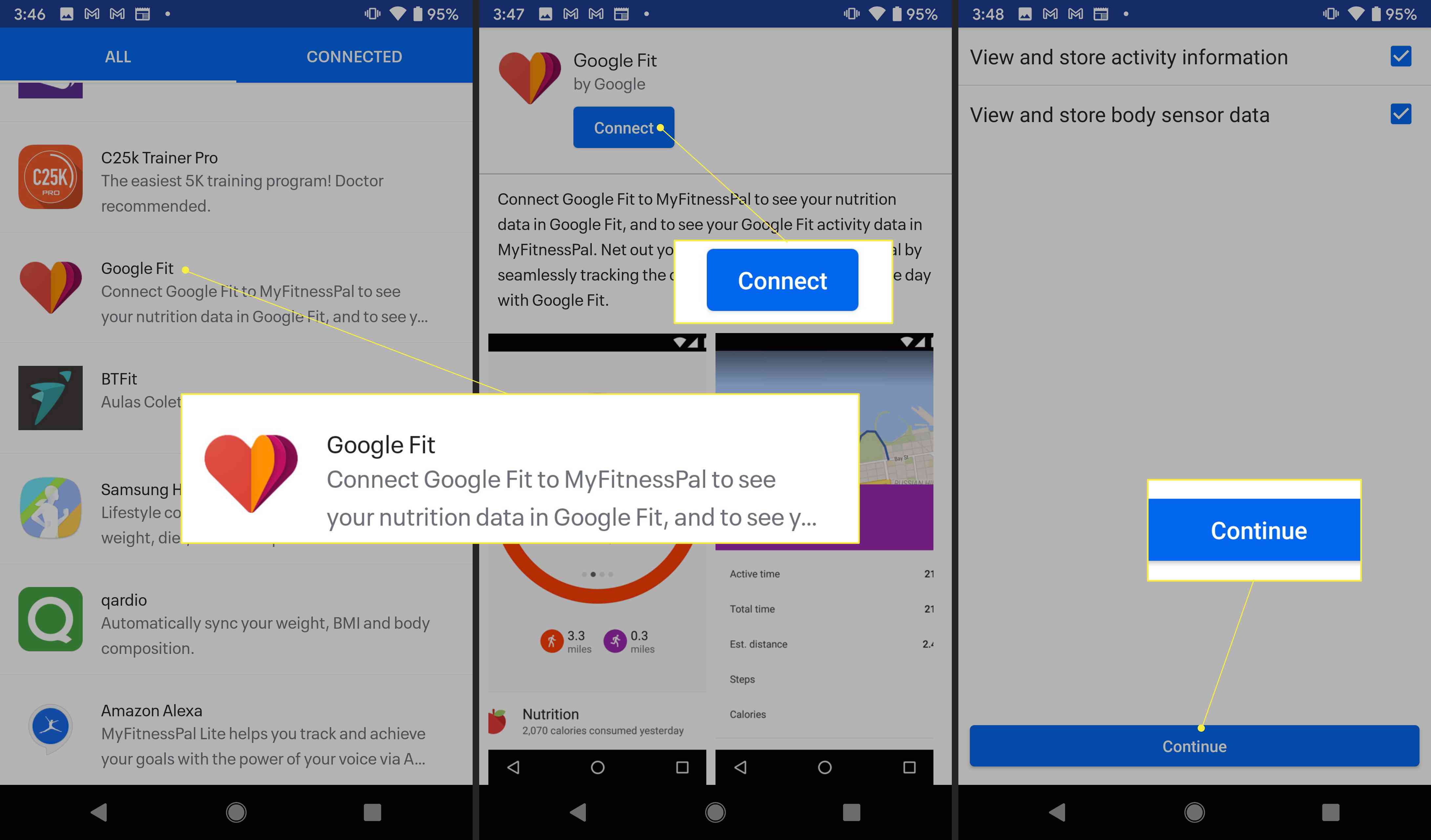 Aplikace MyFitnessPal se zvýrazněnými „Google Fit“, „Connect“ a „Continue“