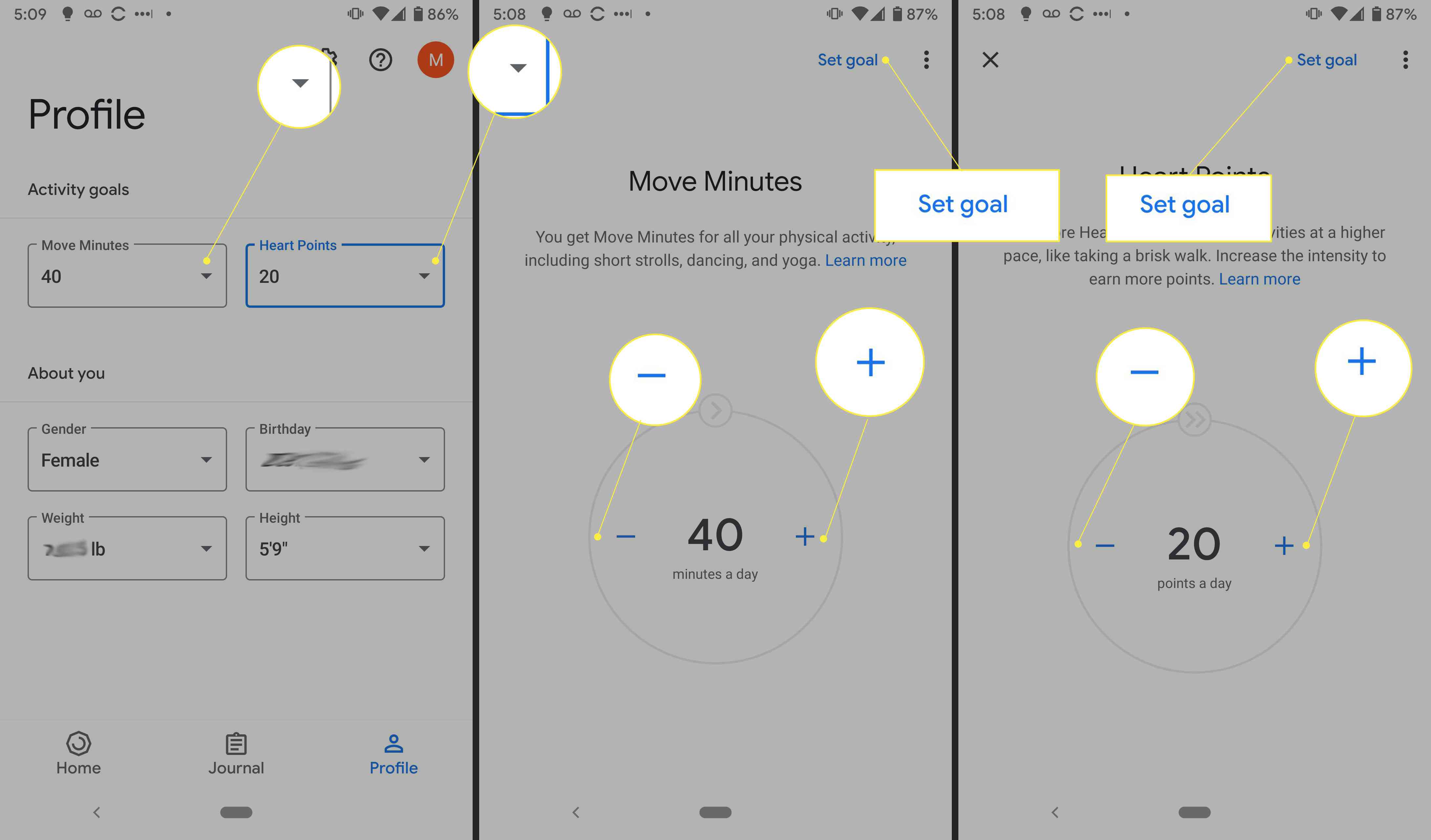 Aplikace Google Fit se zvýrazněnými úpravami minut a pohybu