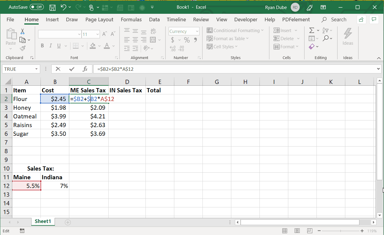 Screenshot použití absolutního odkazu na sloupec v aplikaci Excel