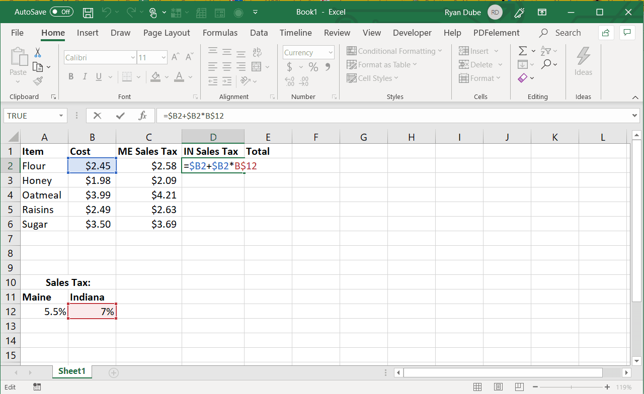 Screenshot vyplnění aplikace Excel vpravo s absolutním sloupcem