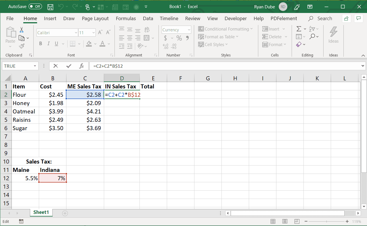 Screenshot vyplnění řádku absolutním odkazem v aplikaci Excel