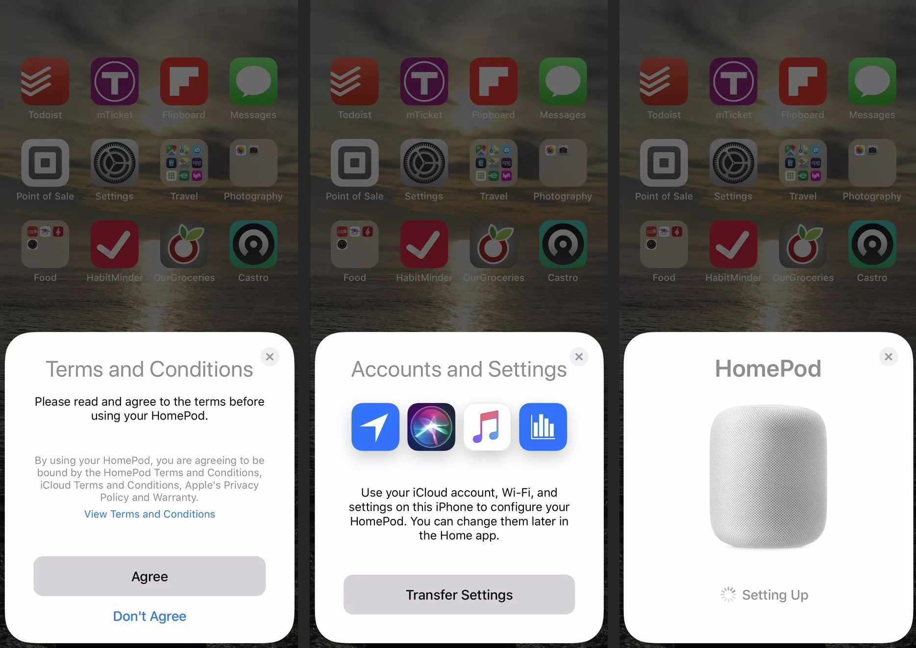 Obrazovky nastavení HomePod na iPhone