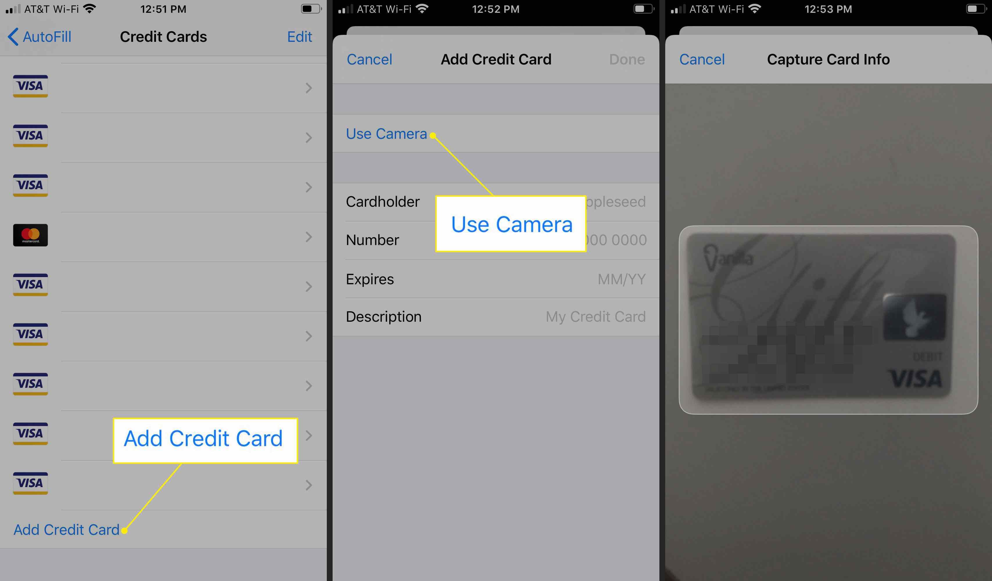 Přidání kreditní karty pomocí fotoaparátu iPhone