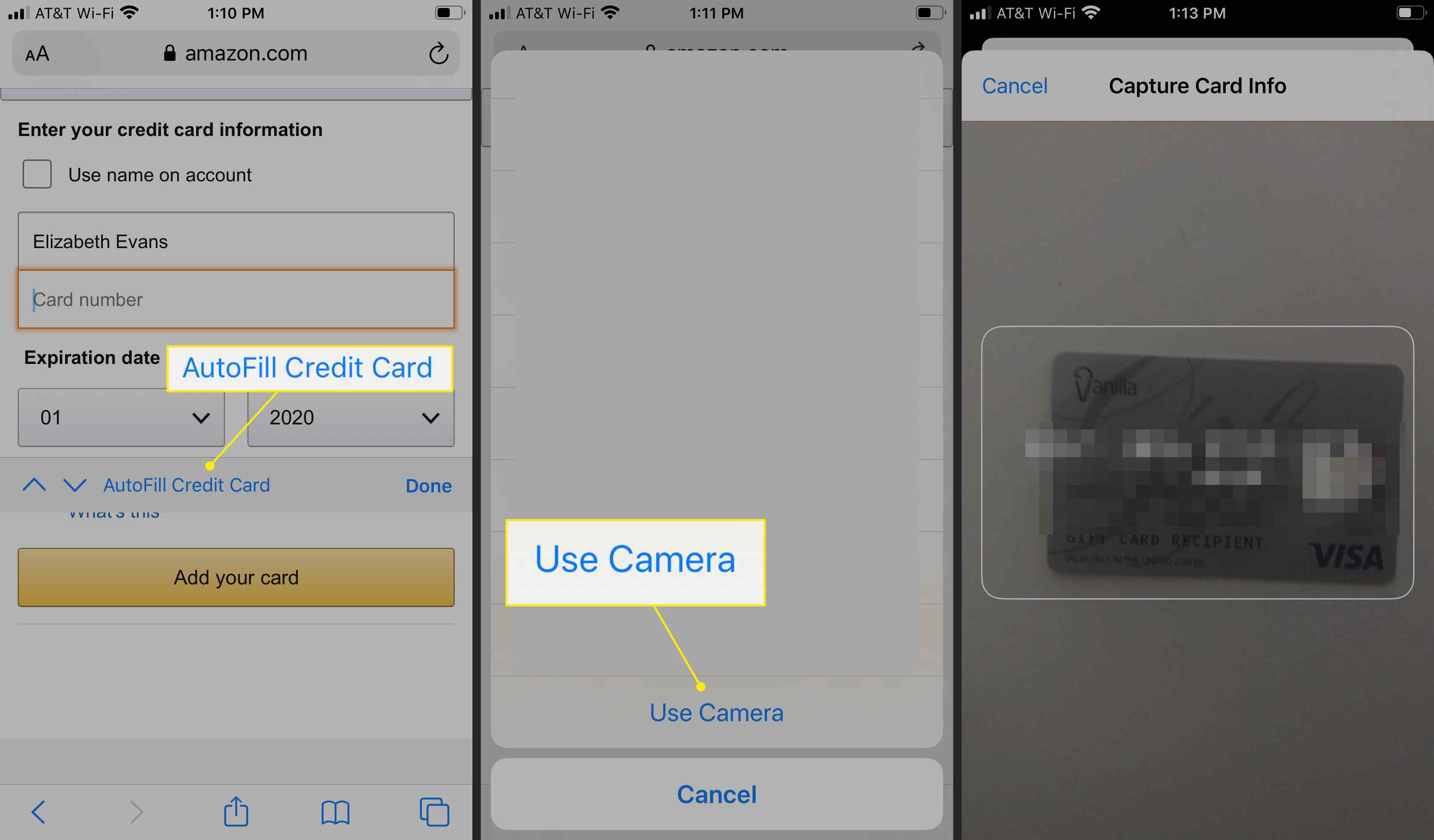 Příkazy „Automatické vyplňování kreditní karty“ a „Použít fotoaparát“ na iPhonu