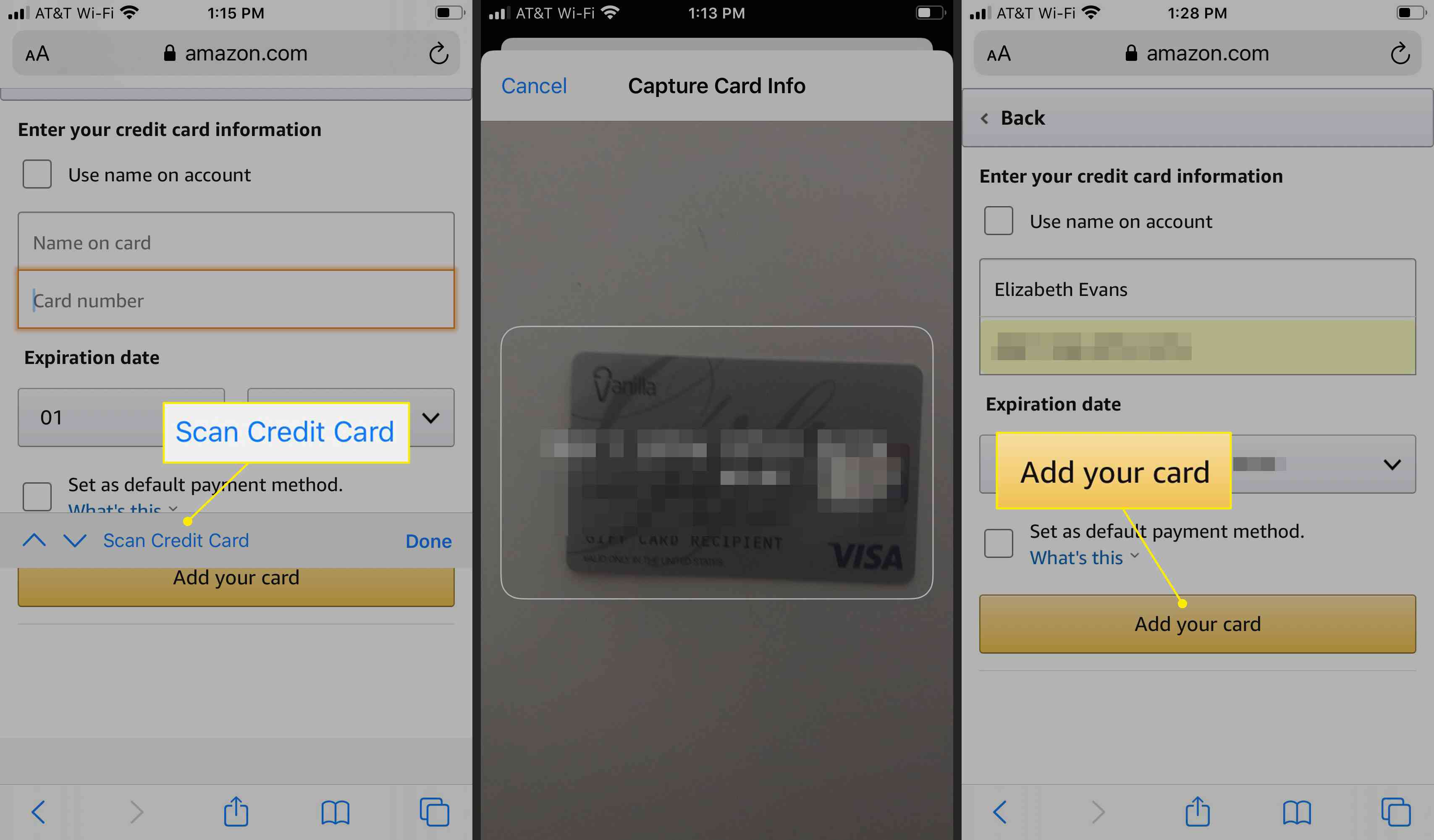 Příkazy „Naskenovat kreditní kartu“ a „Přidat kartu“