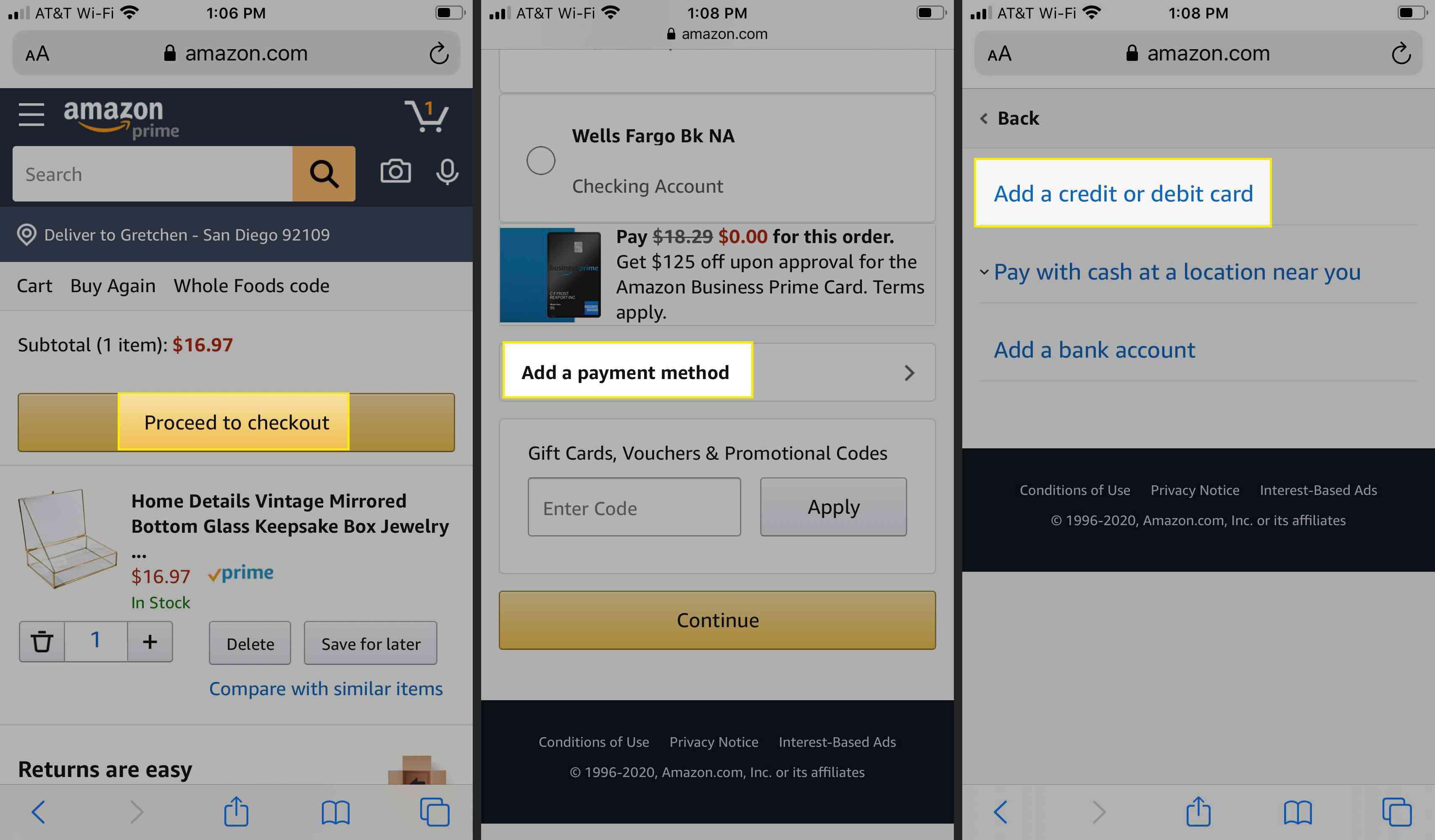 V aplikaci Amazon přejděte k pokladně „Přidat platební metodu“ a „Přidat kreditní nebo debetní kartu“