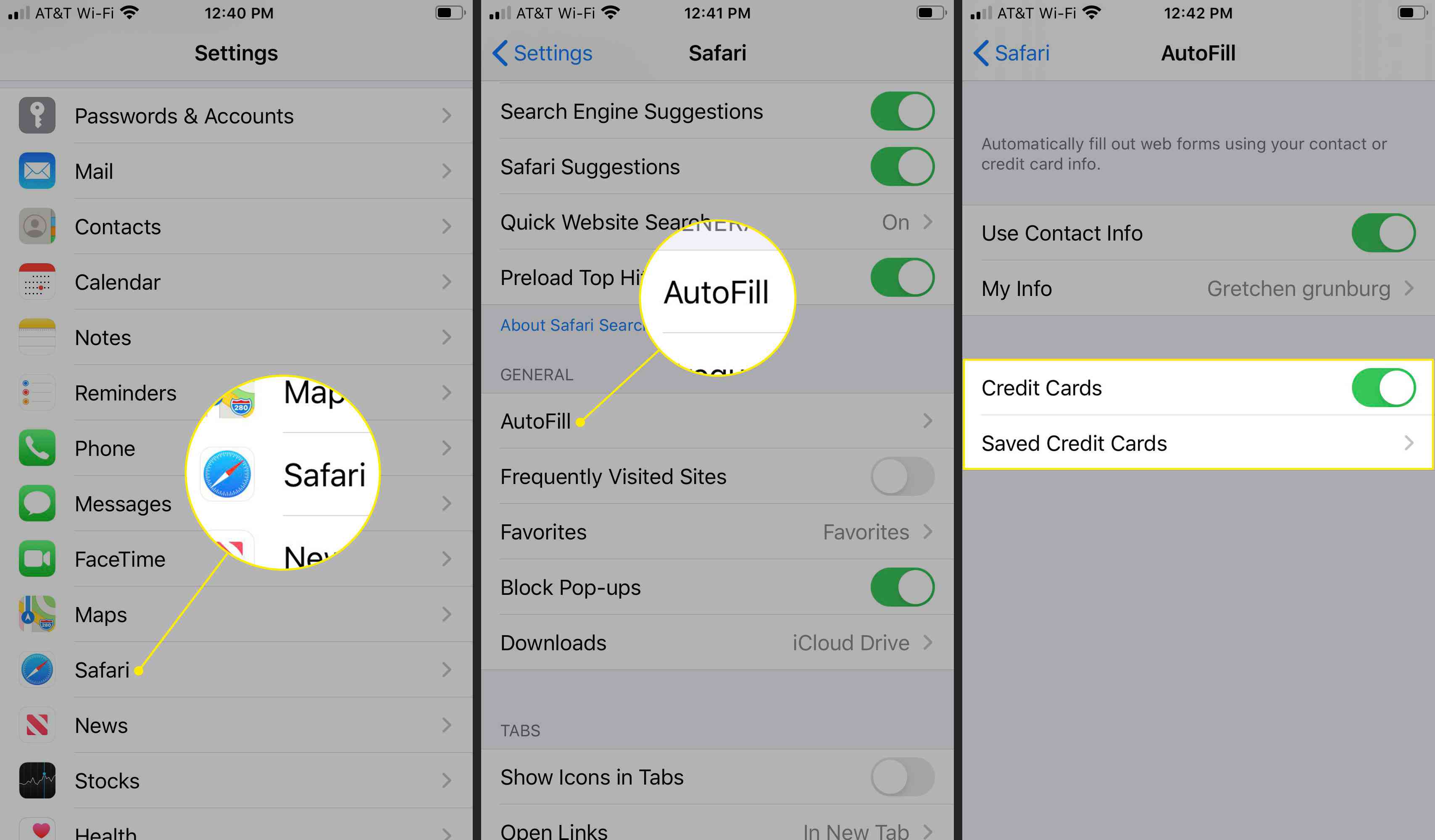 Safari, automatické vyplňování a kreditní karty v nastavení iOS