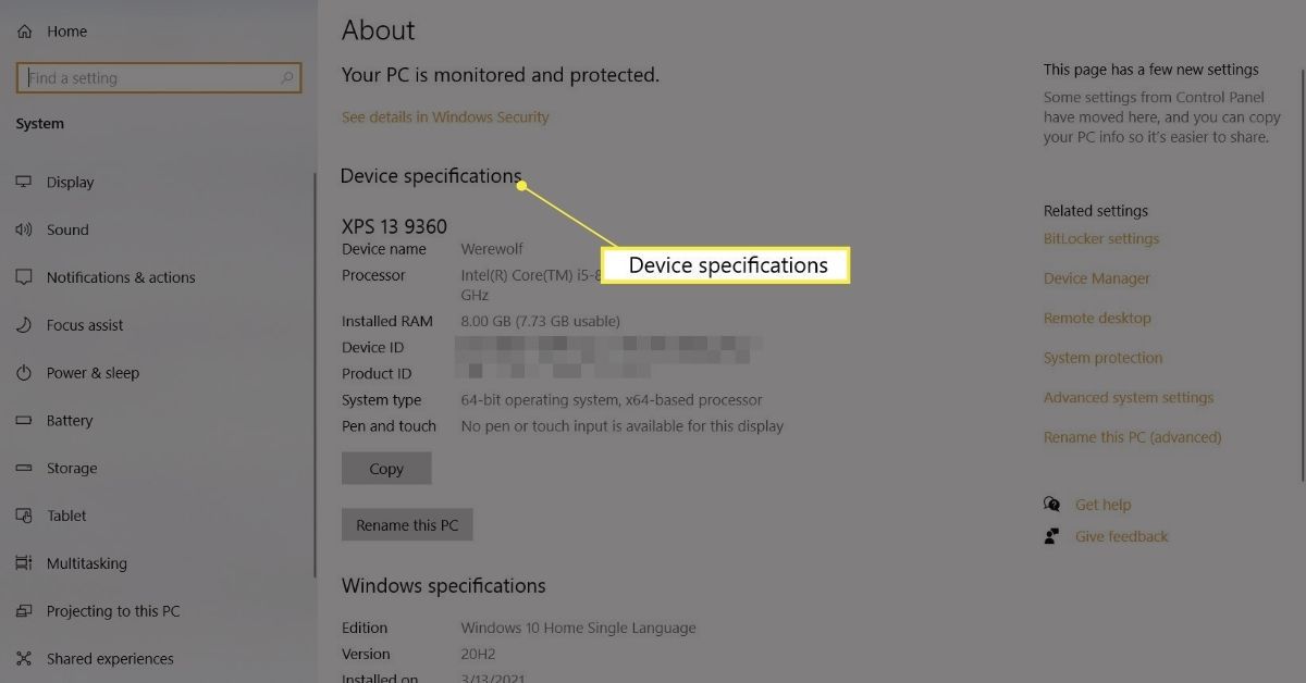 Specifikace zařízení na obrazovce O aplikaci v Nastavení systému Windows