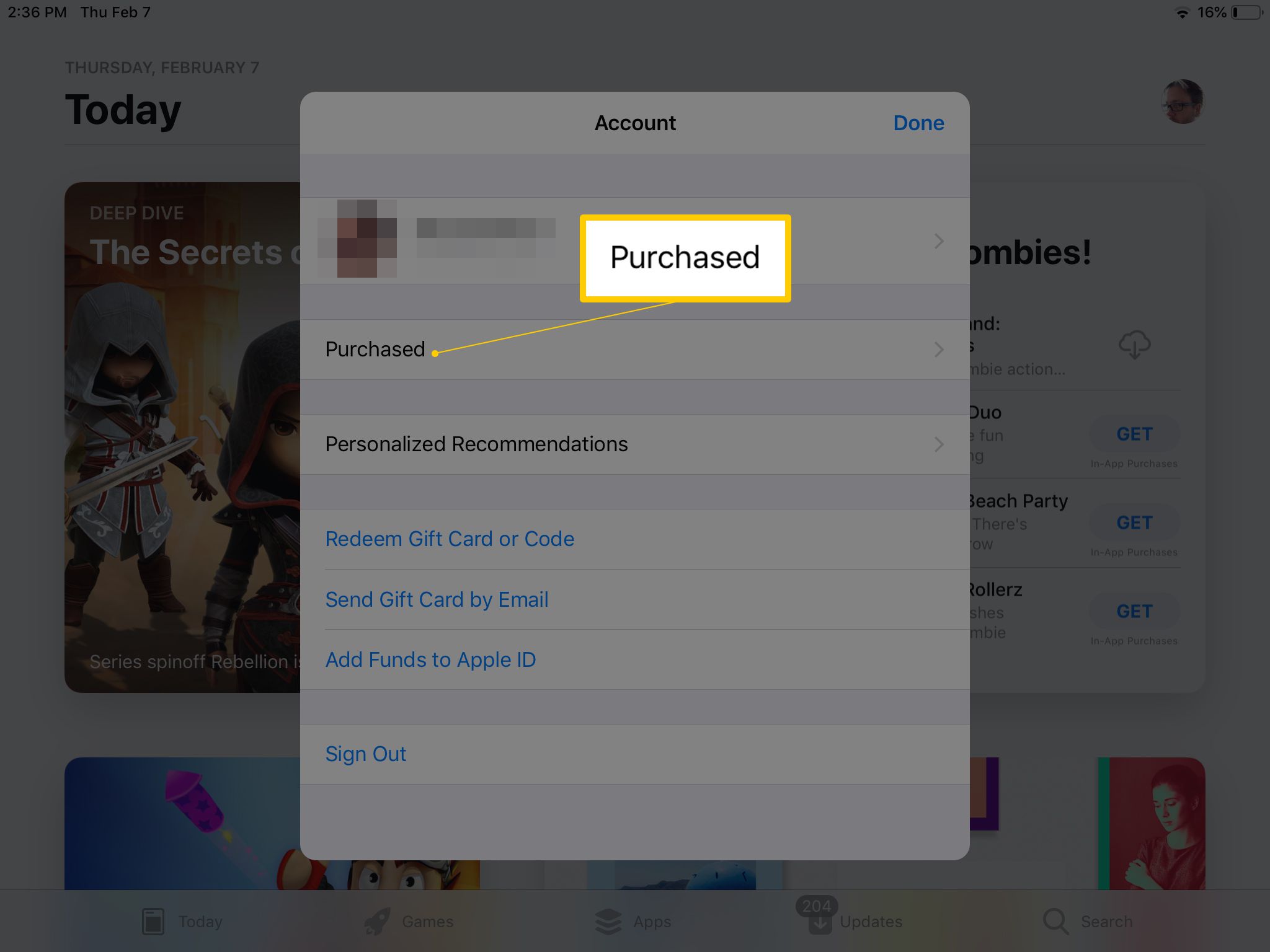 Zakoupené tlačítko v účtu App Store na iPadu