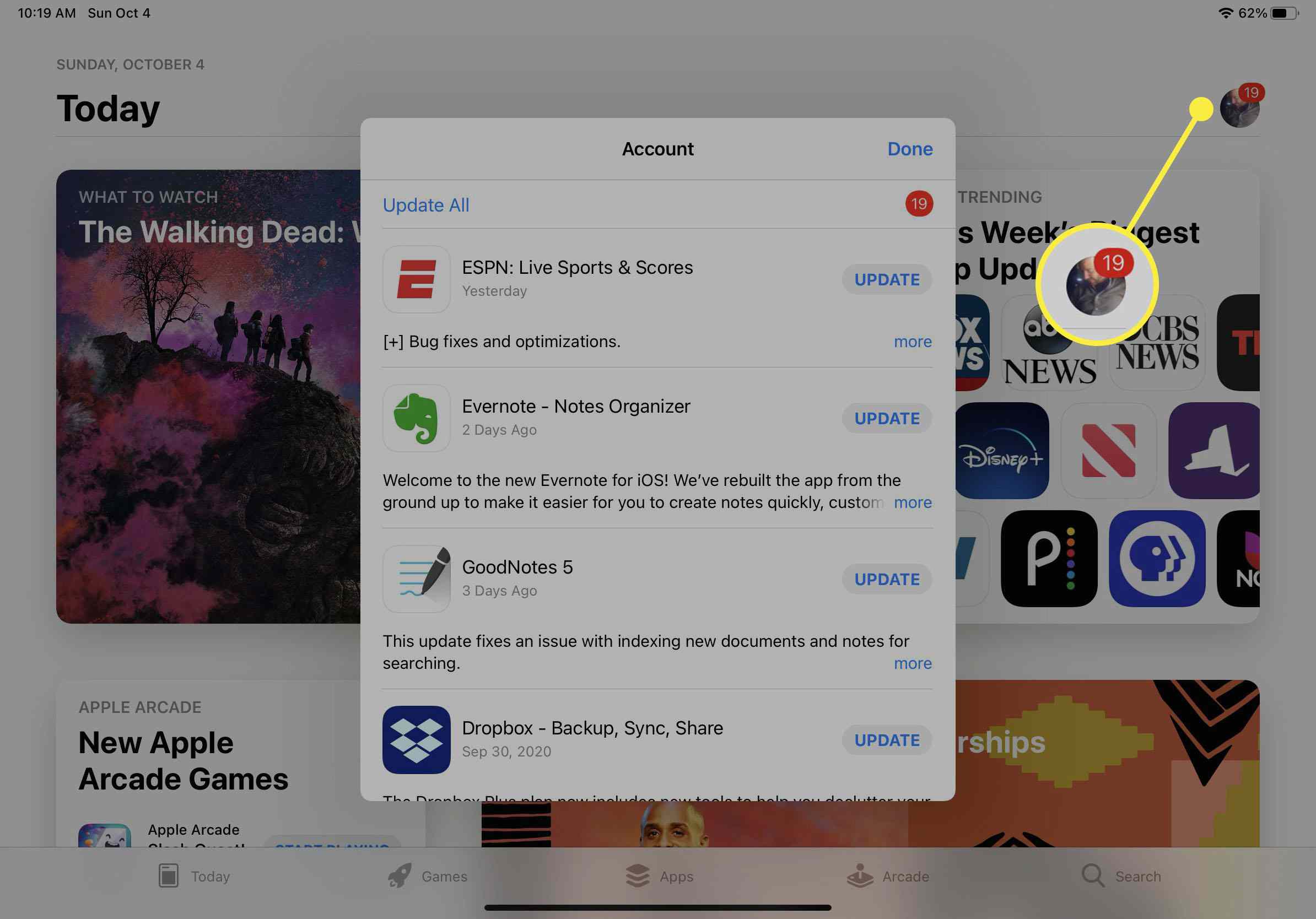 Ikona uživatele zvýrazněná zevnitř App Store na iPadu.