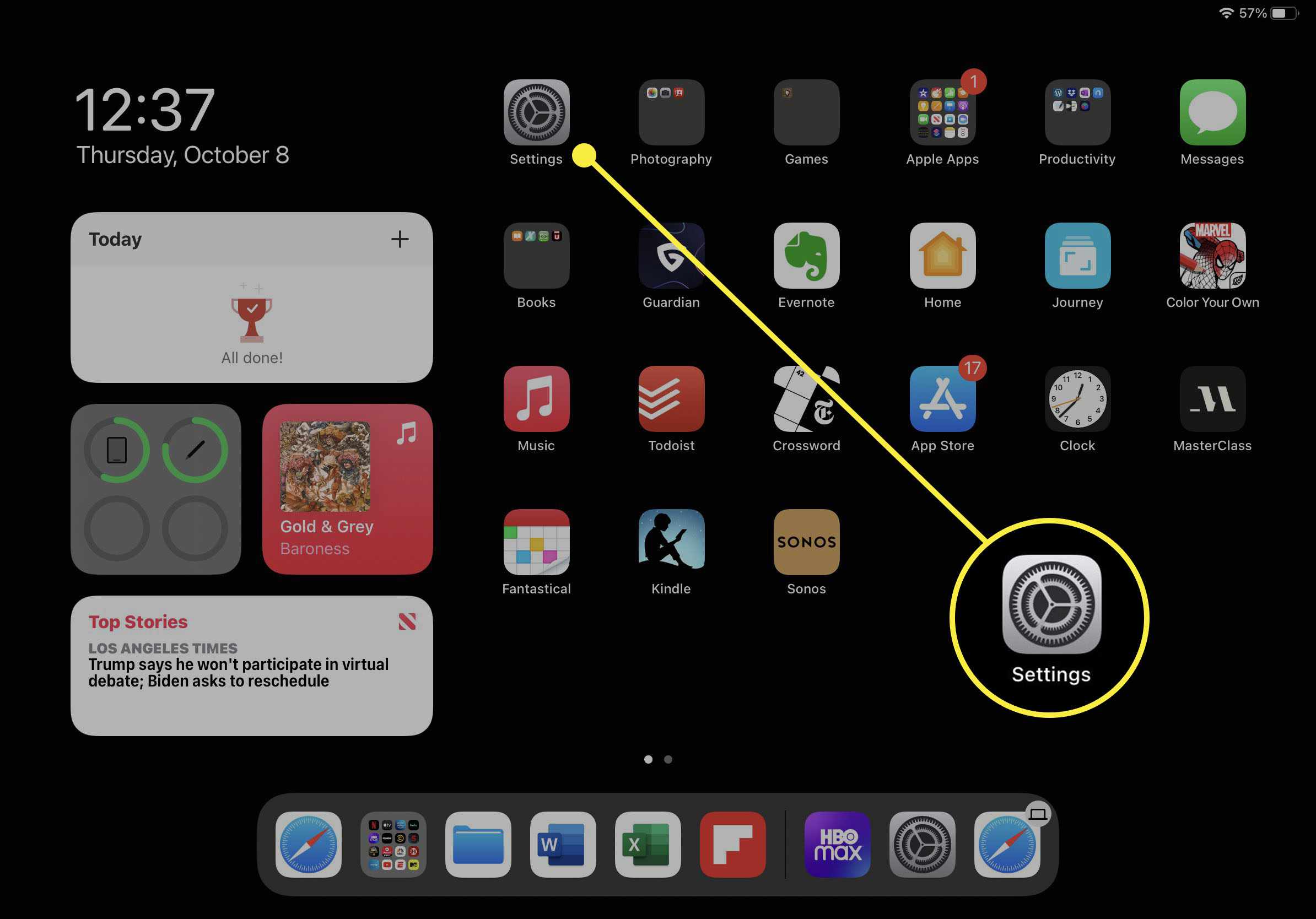 Je zvýrazněna ikona Nastavení na iPadu.