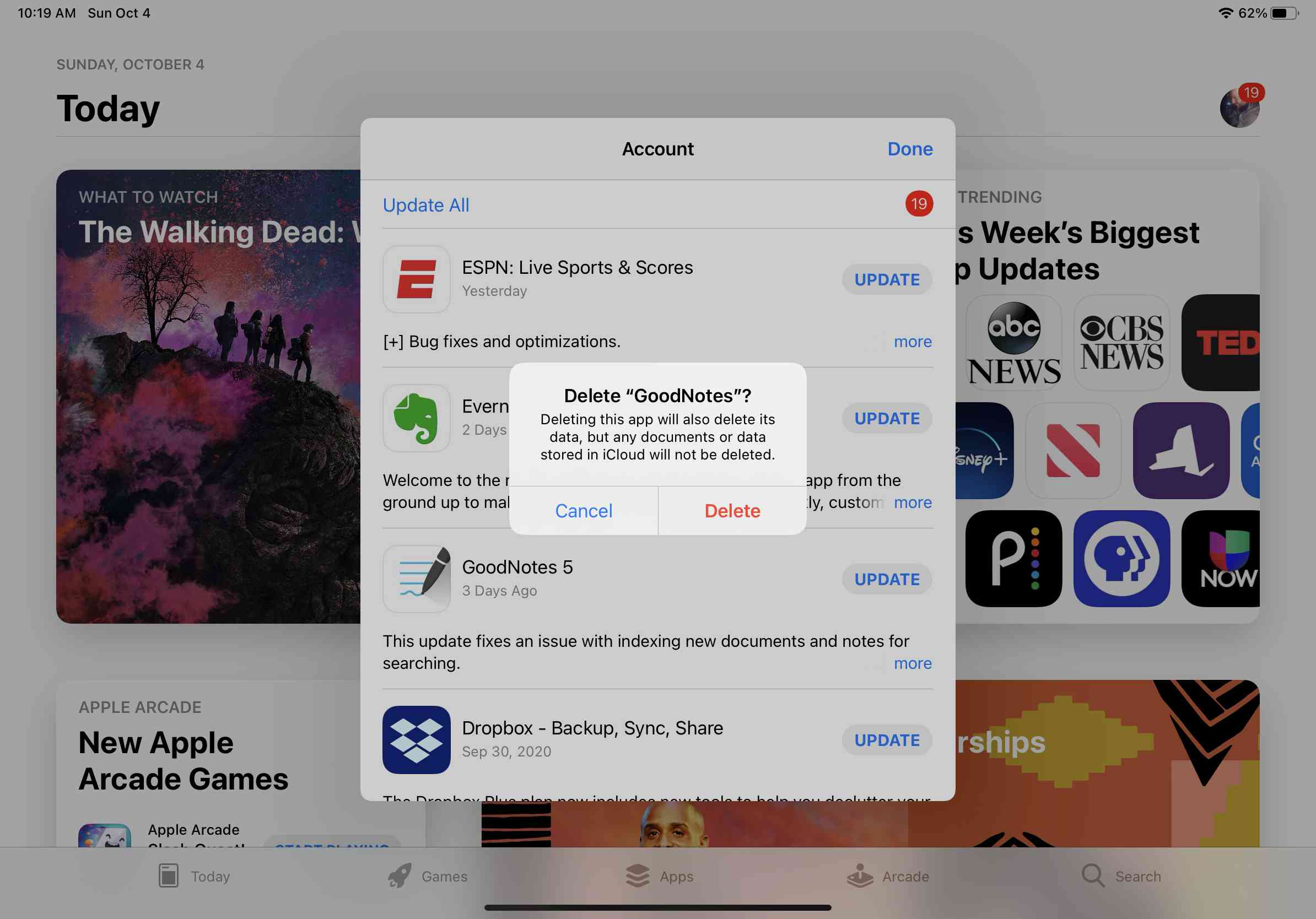Screenshot z potvrzení iPadu pro mazání aplikací v obchodě s aplikacemi