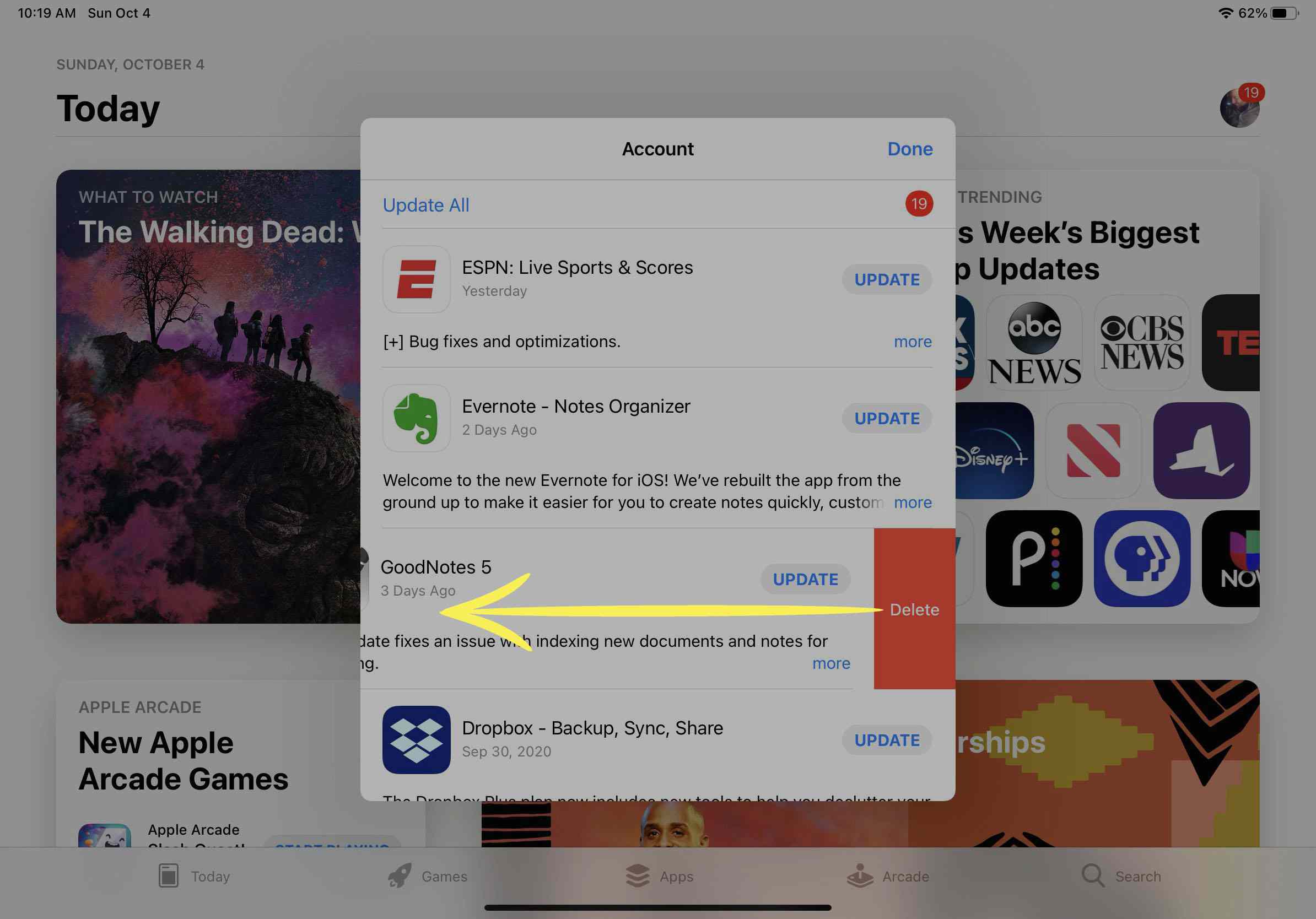Odstranění aplikace z obrazovky Aktualizace na iPadu.