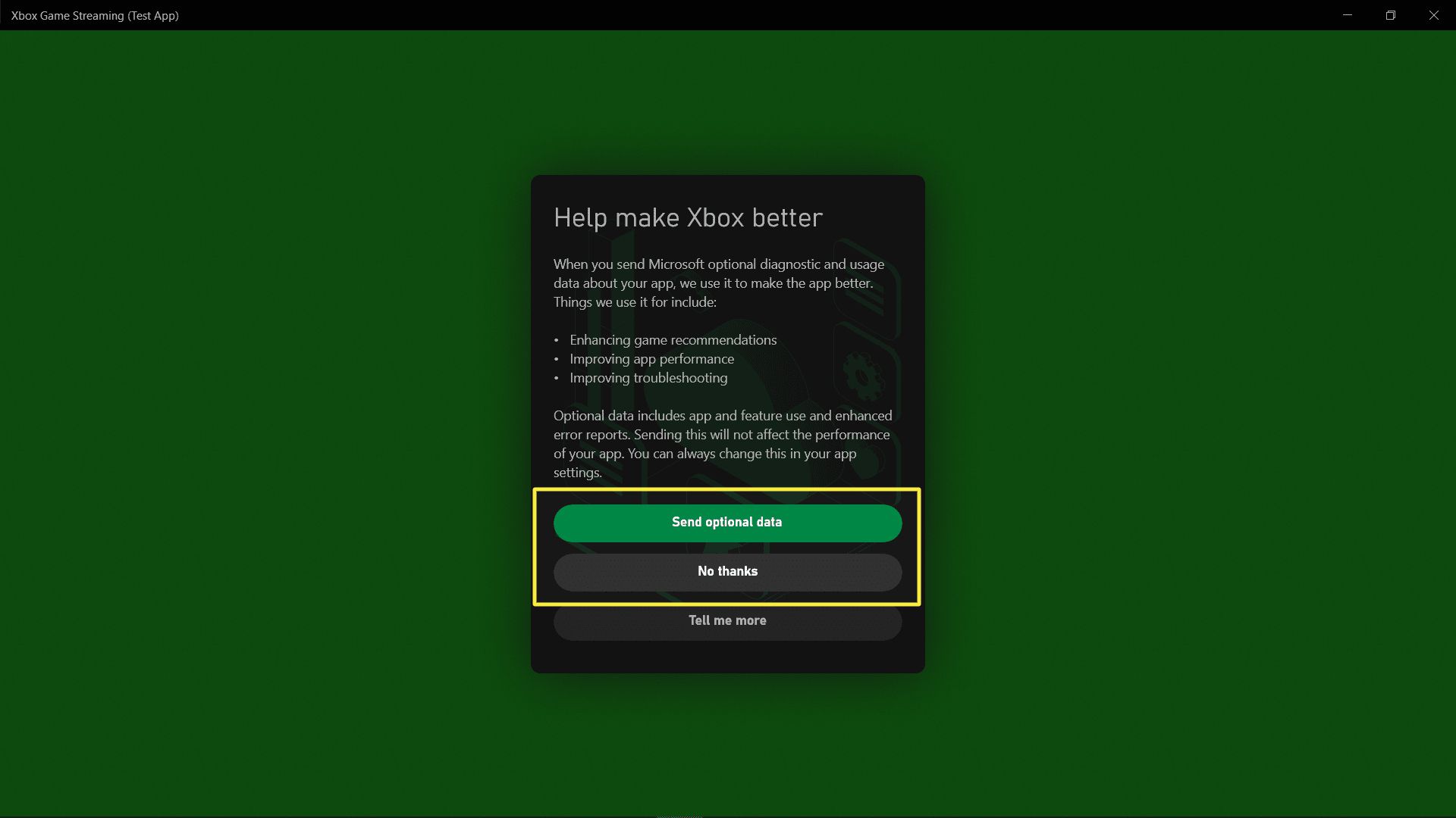 Možnosti sdílení dat Xbox Game Streaming (testovací aplikace).