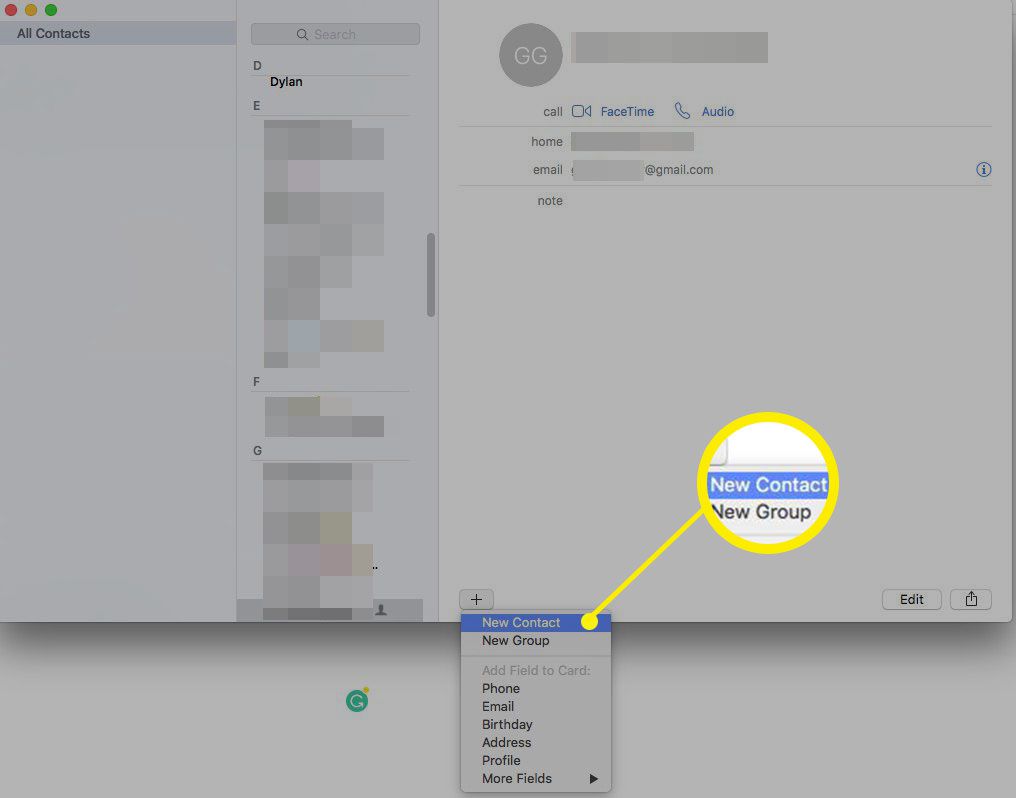 Screenshot přidání nového kontaktu do Apple Mail