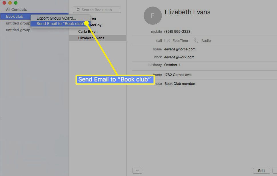 Screenshot z odesílání skupinového e-mailu z Kontaktů pomocí Apple Mail
