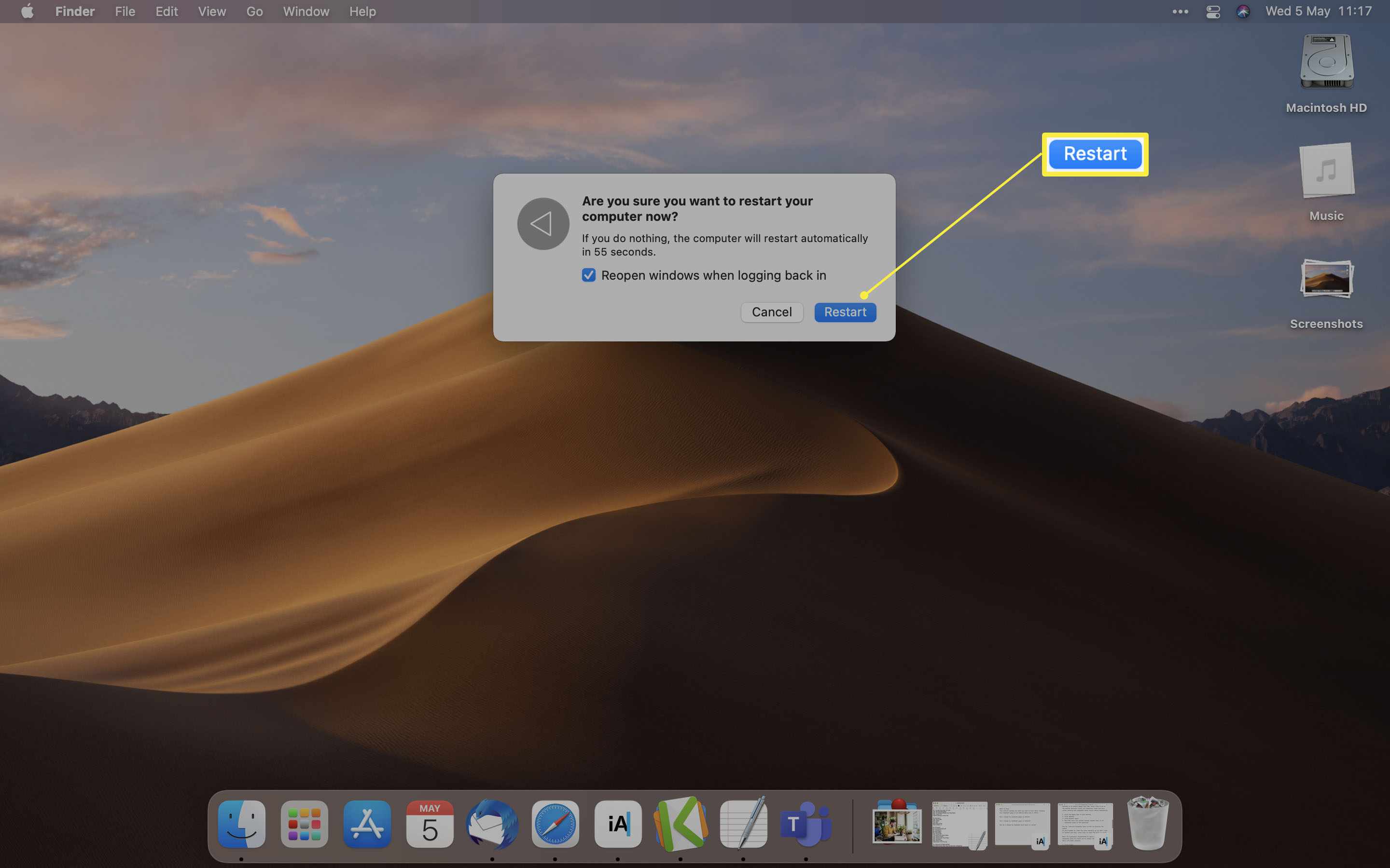 Plocha MacOS se zvýrazněným restartem v dialogovém okně Restartovat