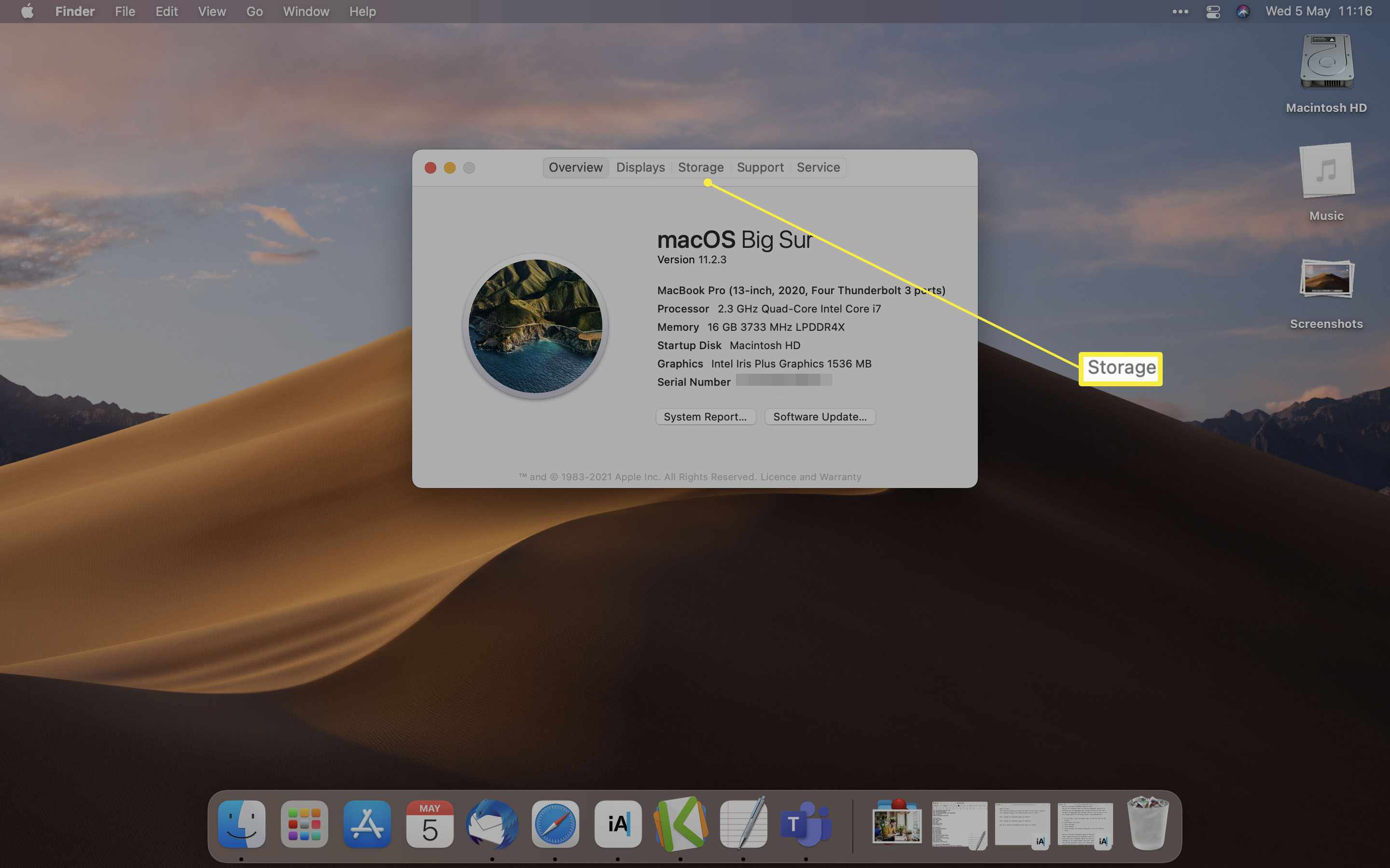 Plocha MacOS se zvýrazněným úložištěm v části O tomto Macu