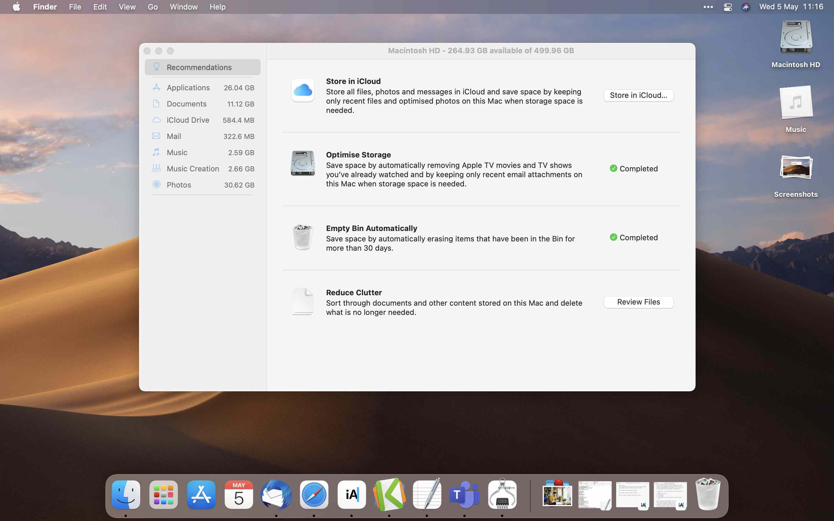Obrazovka Optimalizace úložiště Mac v systému MacOS