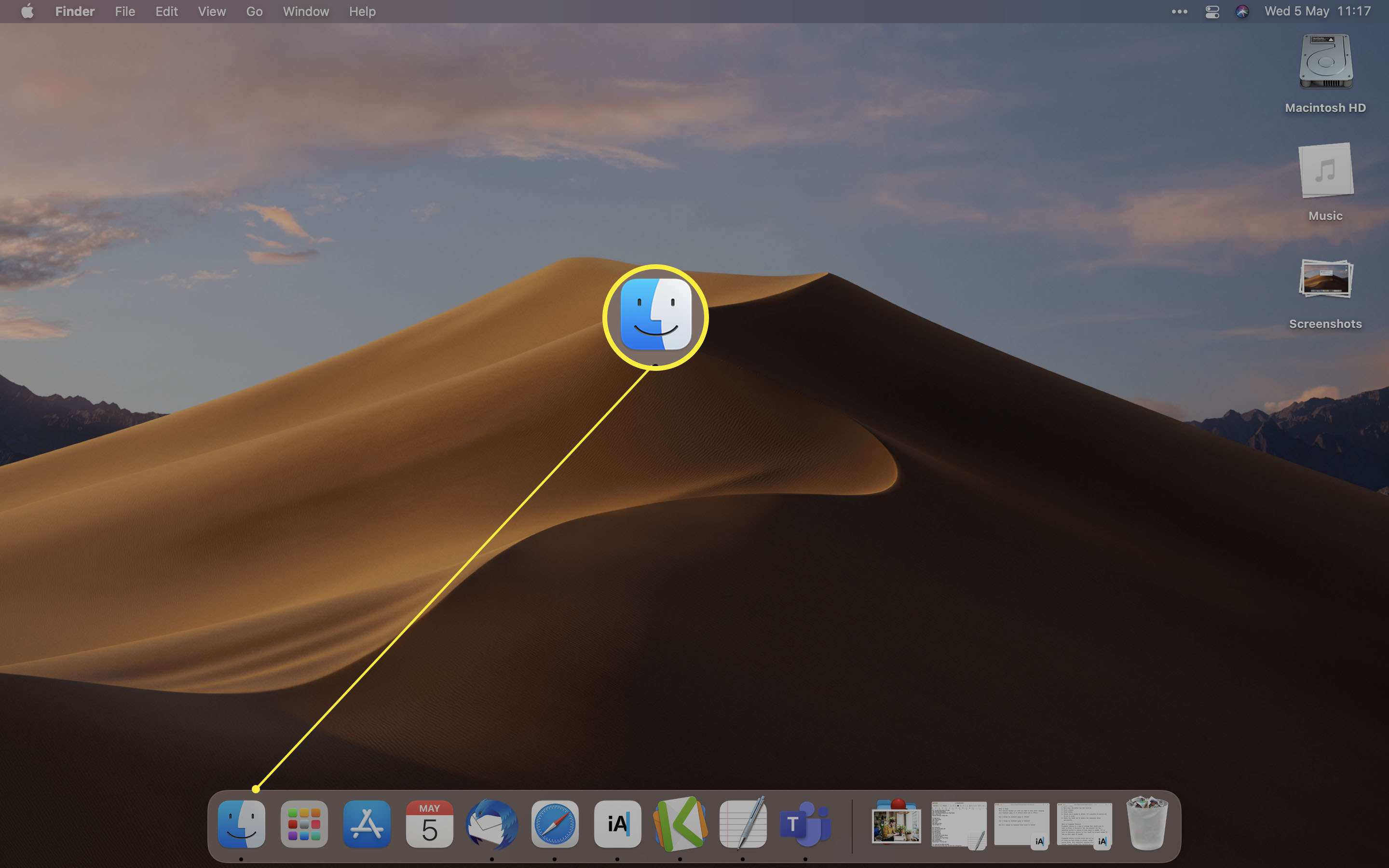 Plocha MacOS se zvýrazněnou ikonou Finder