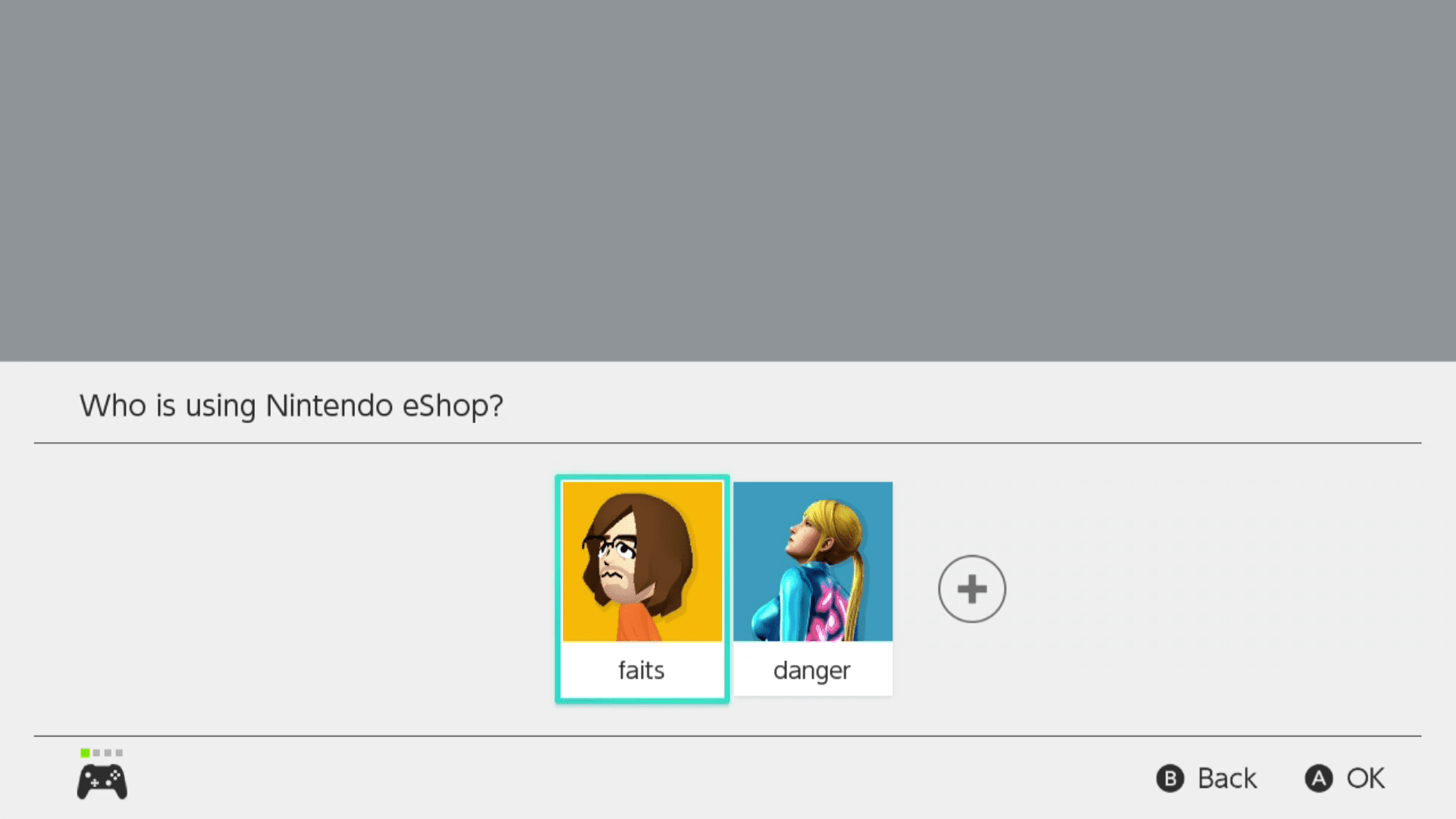 Výběr profilu pro e-shop Nintendo.