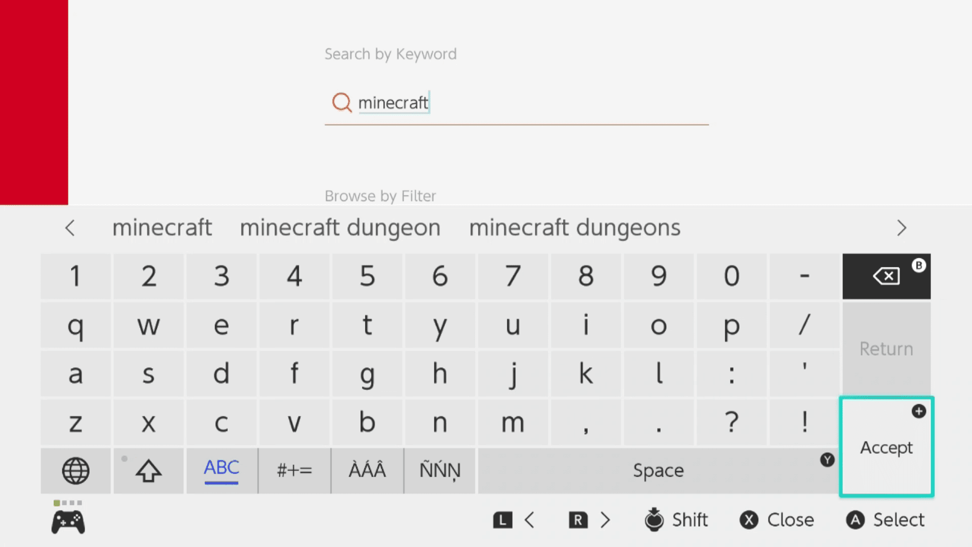 Hledání Minecraftu v e-shopu Nintendo.