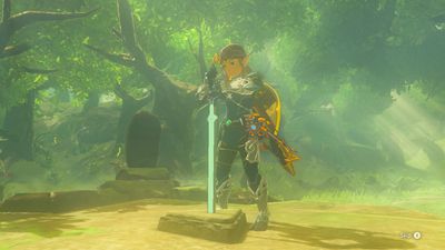 Vytažení mistrovského meče z podstavce ve hře The Legend of Zelda: Breath of the Wild
