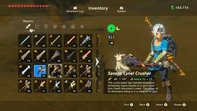 Link ovládá Savage Lynel Crusher v Zelda BOTW