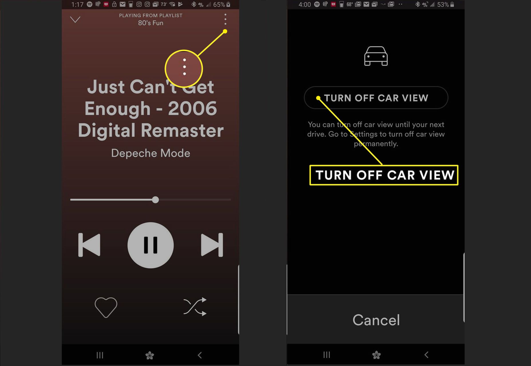Aplikace Spotify zobrazující možnost Vypnout zobrazení automobilu