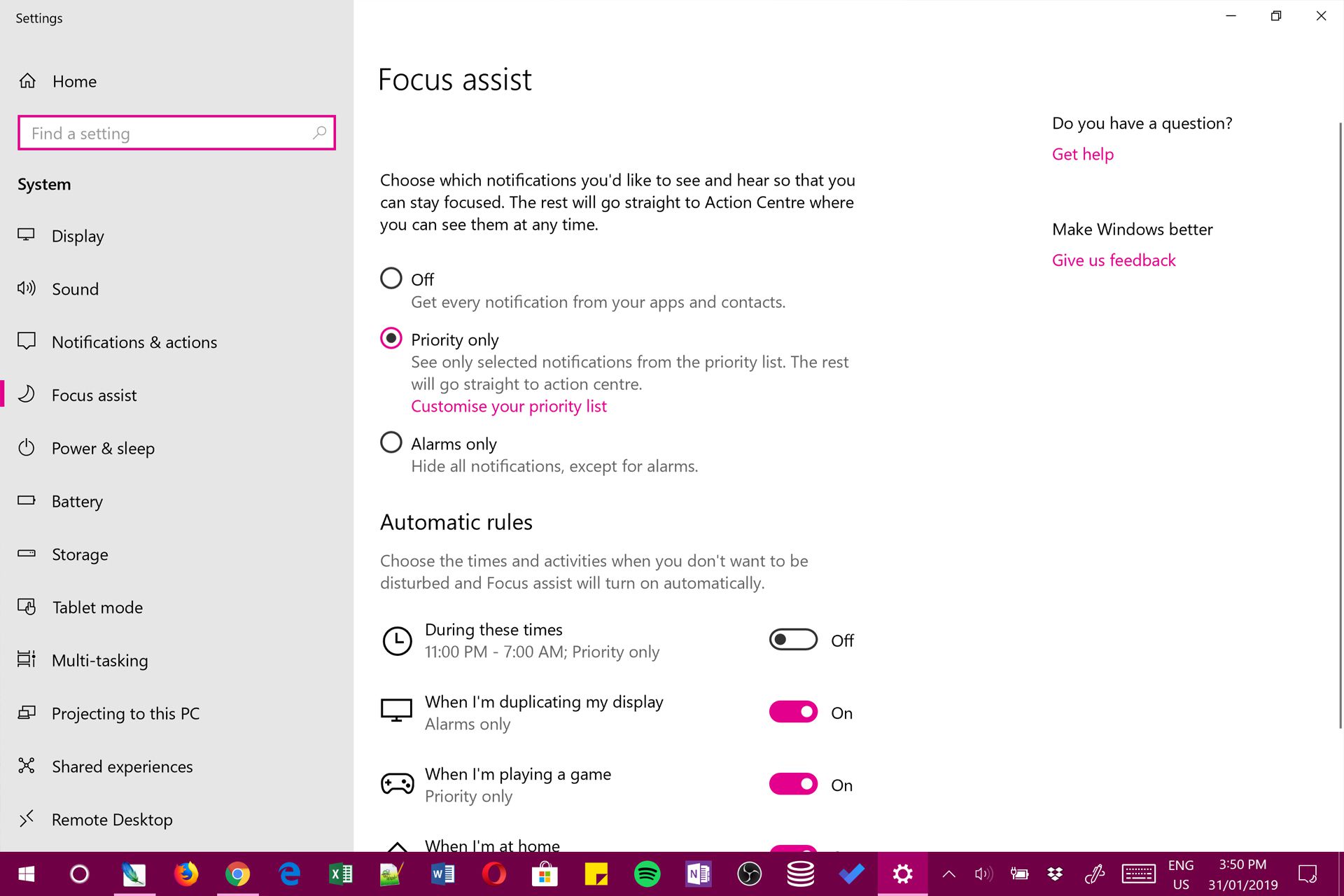 Windows 10 Tiché hodiny Focus Assist nastavení.