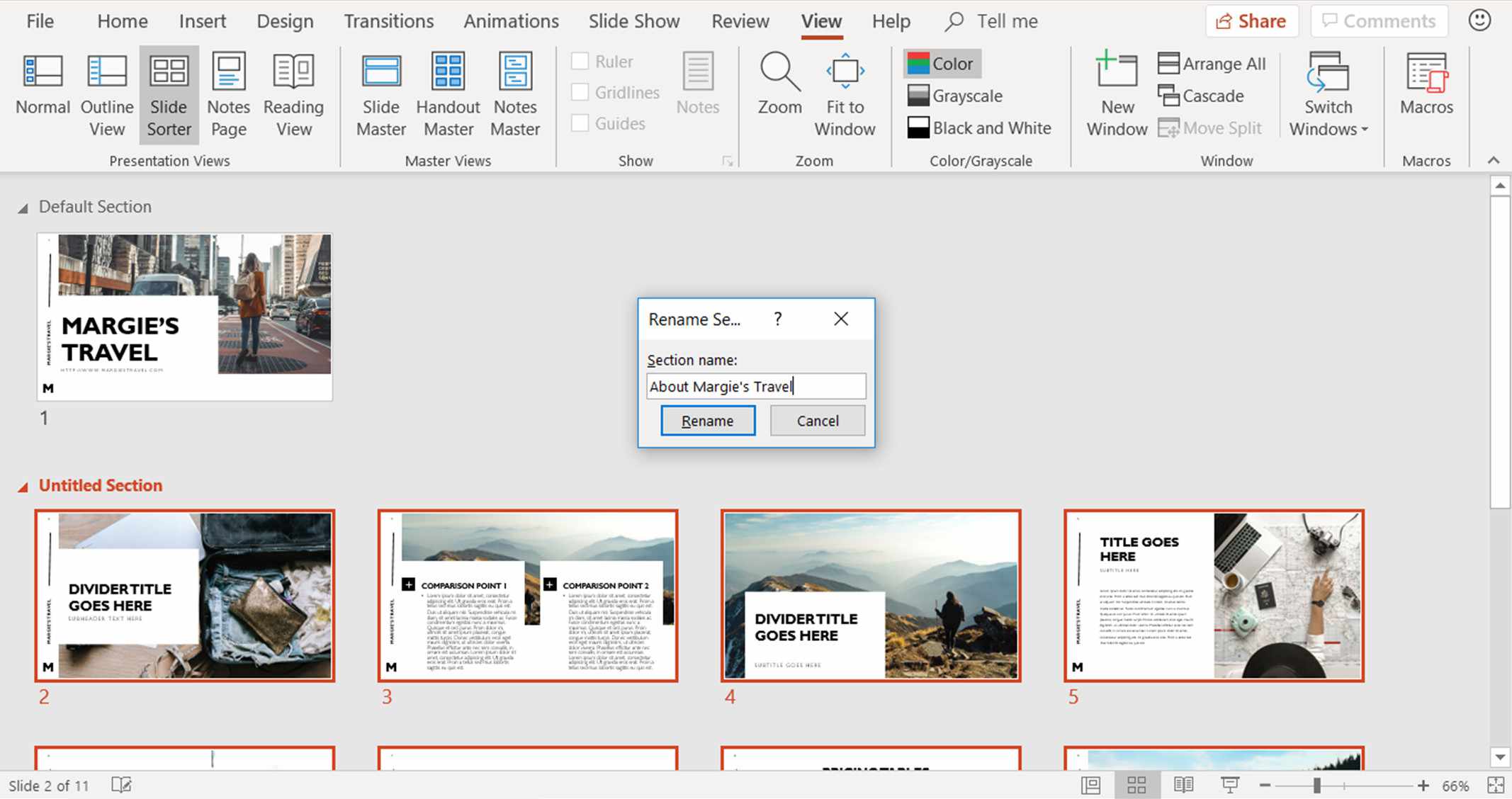 Snímek obrazovky ukazující, jak změnit název sekce v pohledu Řazení snímků aplikace PowerPoint