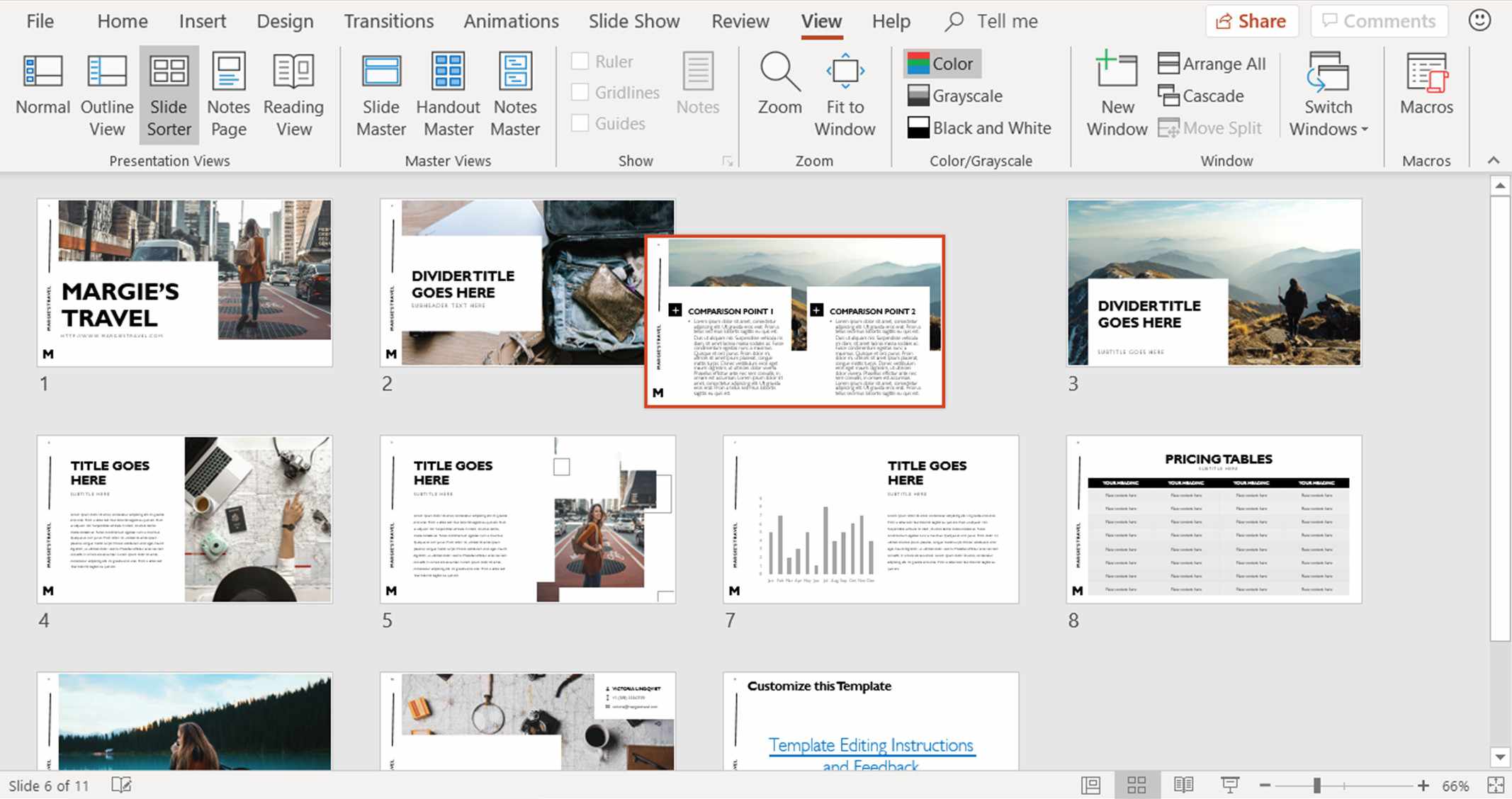Snímek obrazovky ukazující, jak přesunout snímek na jiné místo v zobrazení Řazení snímků v aplikaci PowerPoint