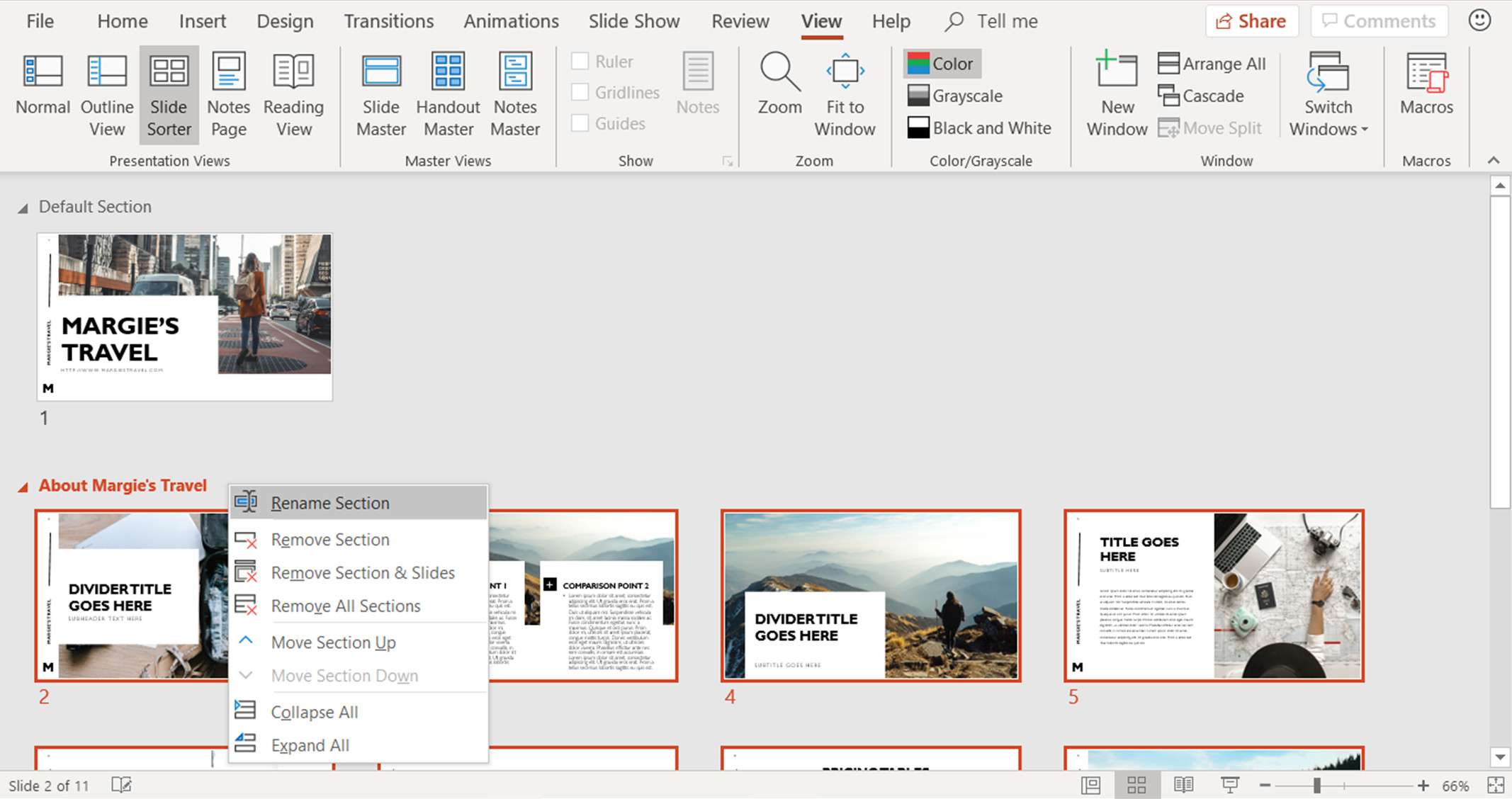 Snímek obrazovky ukazující, jak přejmenovat sekci v zobrazení aplikace PowerPoint Slide Sorter