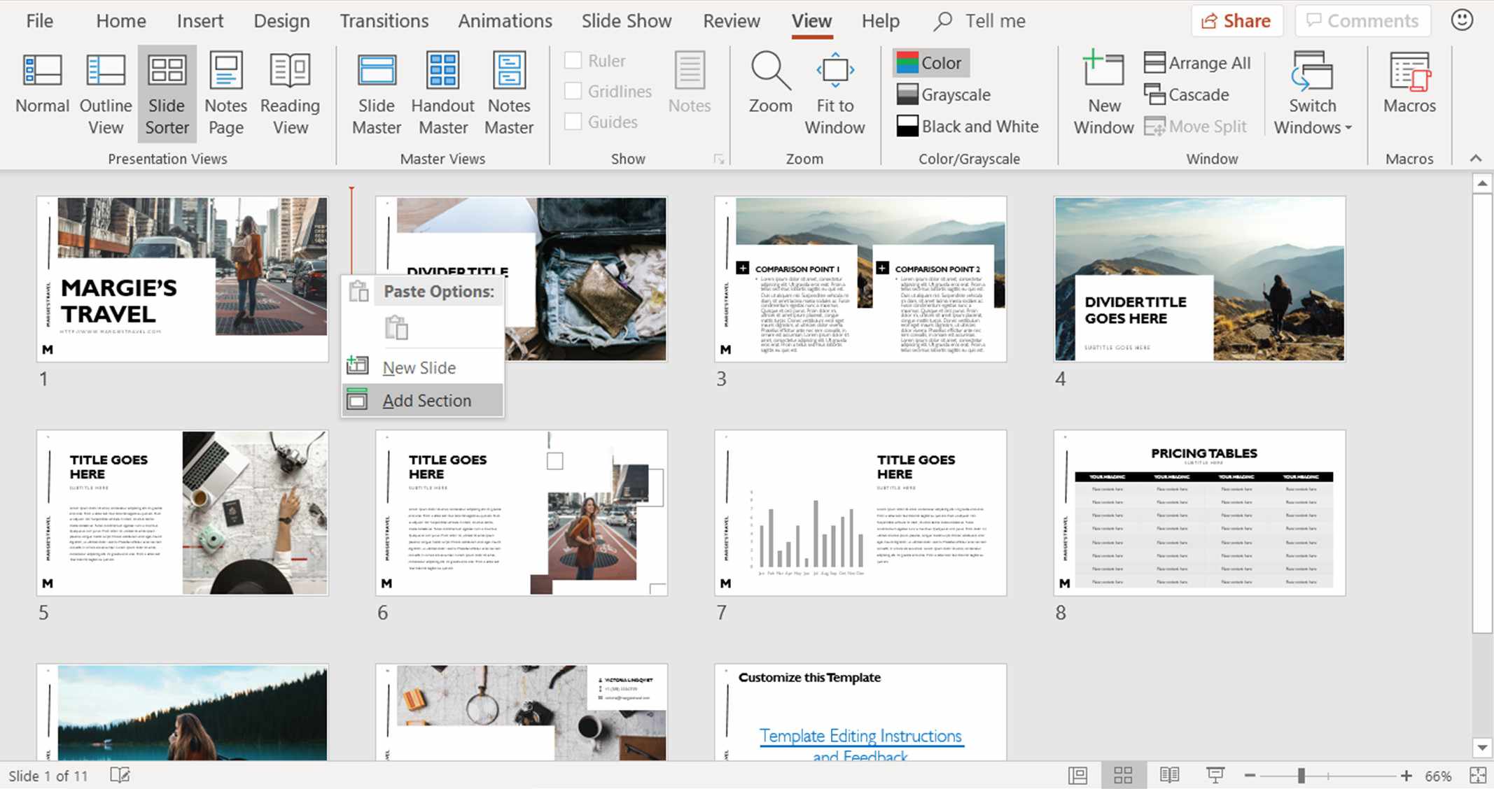 Snímek obrazovky ukazující, jak přidat sekci do prezentace PowerPoint v zobrazení Řazení snímků