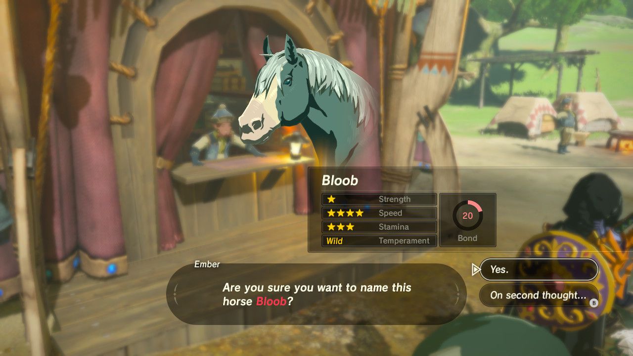 Potvrzování jména koně v Zelda: Breath of the Wild.