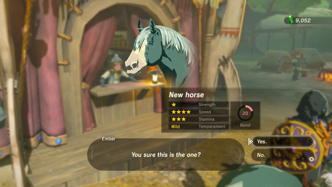 Potvrzování registrace koně v Zelda: Breath of the Wild.