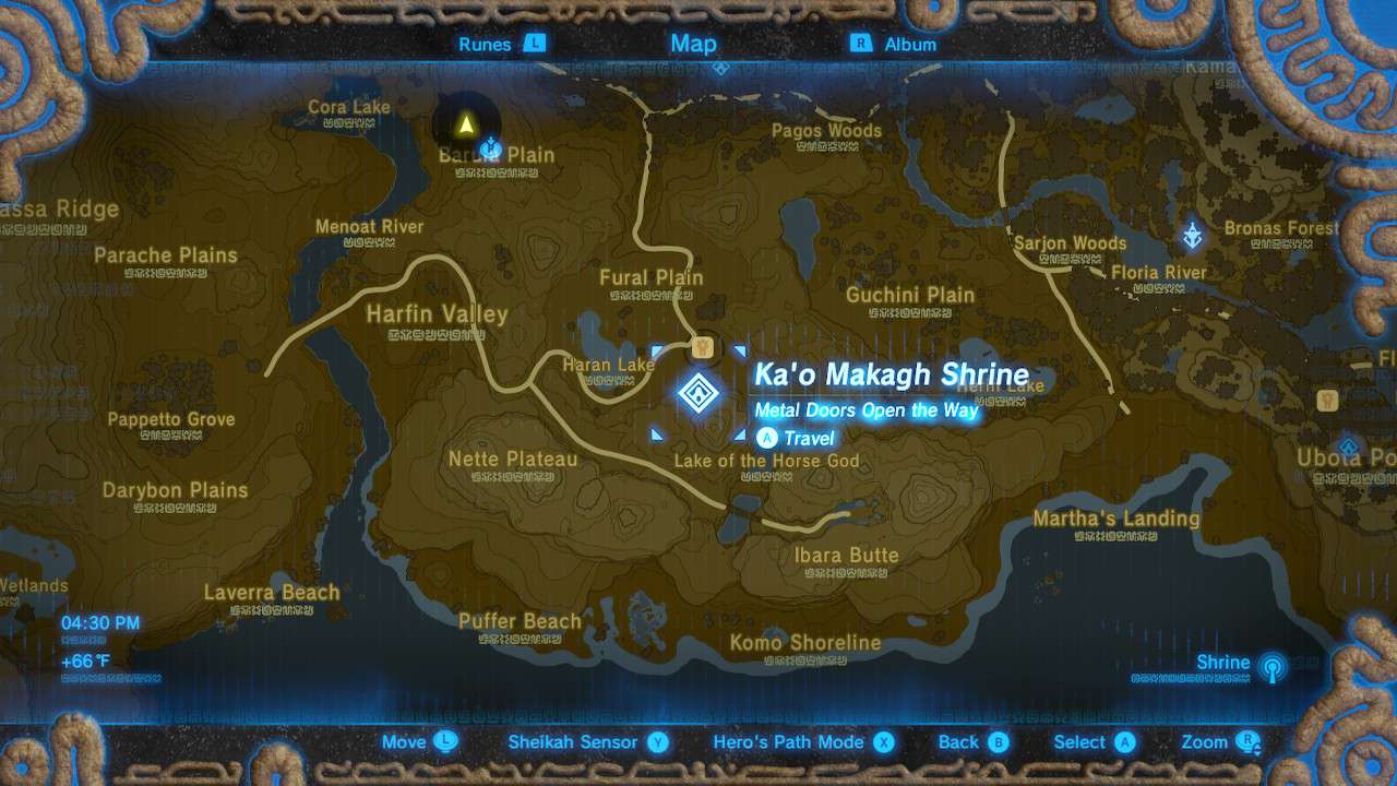 Warping to Ka'o Makagh Shrine in Zelda: Breath of the Wild.
