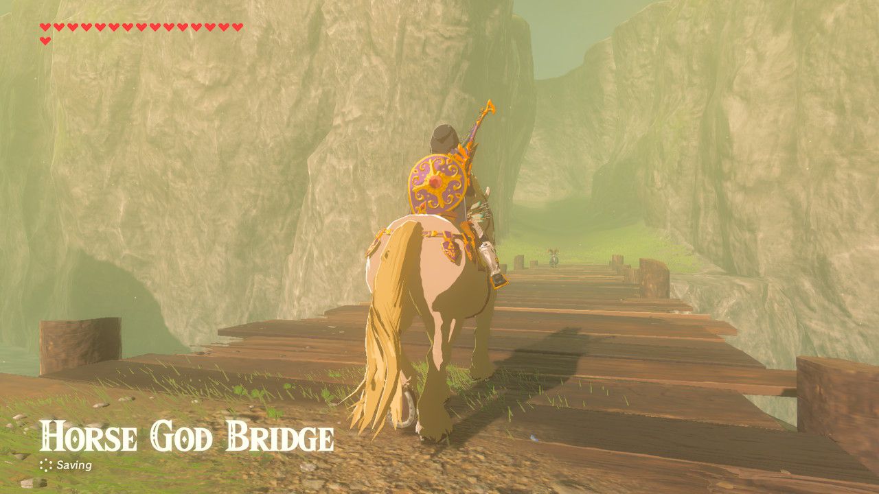 Crossing the Horse God Bridge in Zelda: Breath of the Wild.