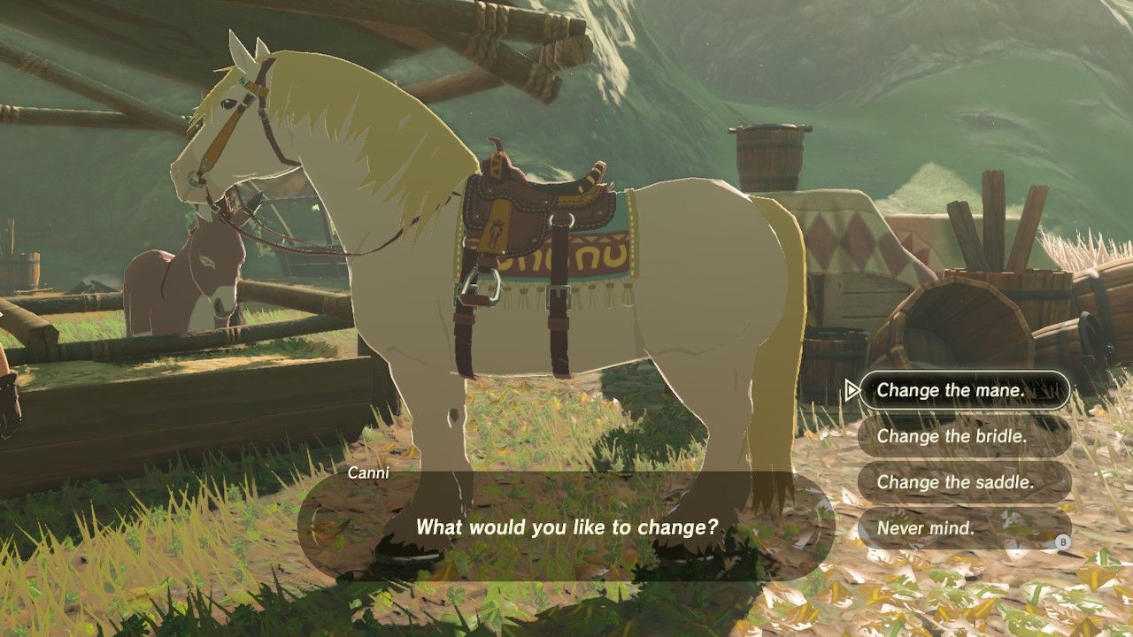 Změna hřívy, uzdy a sedla koně v Zelda: Breath of the Wild.