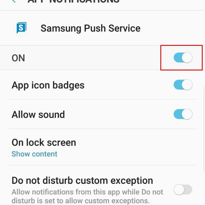 Oznámení aplikací v nastavení aplikace Samsung Push Service