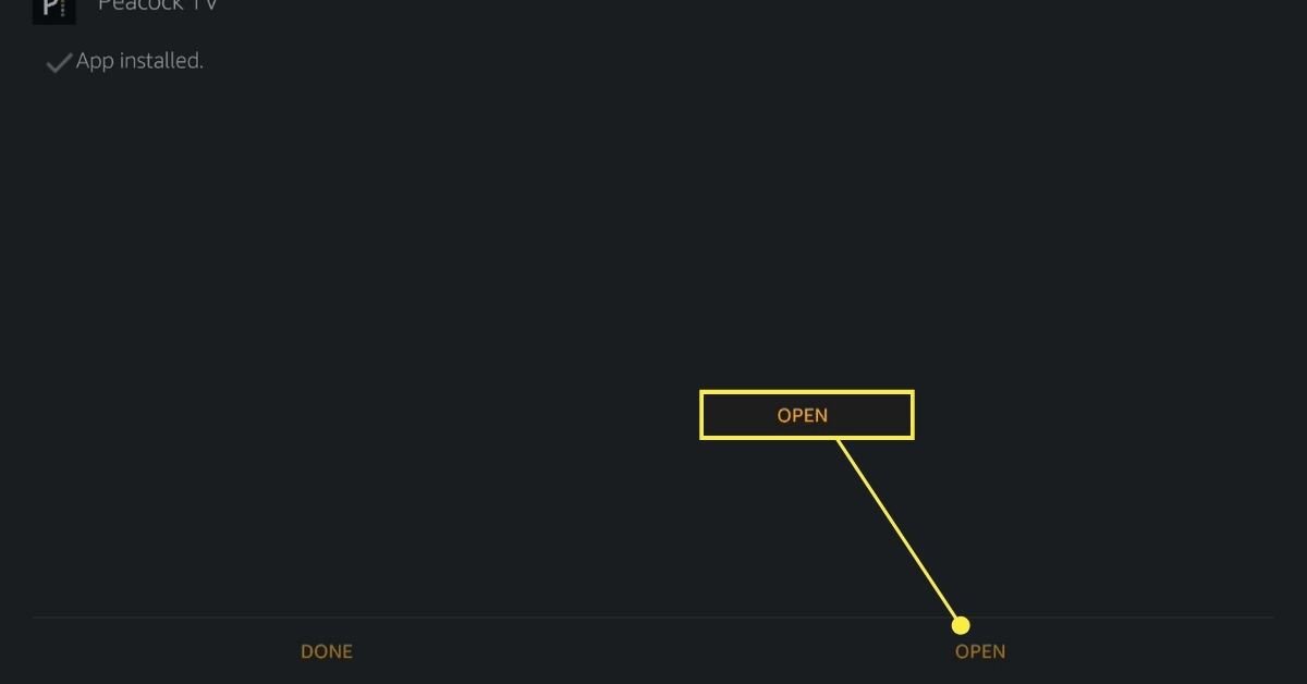 Tlačítko Otevřít po úspěšné instalaci Peacock TV na Fire TV.
