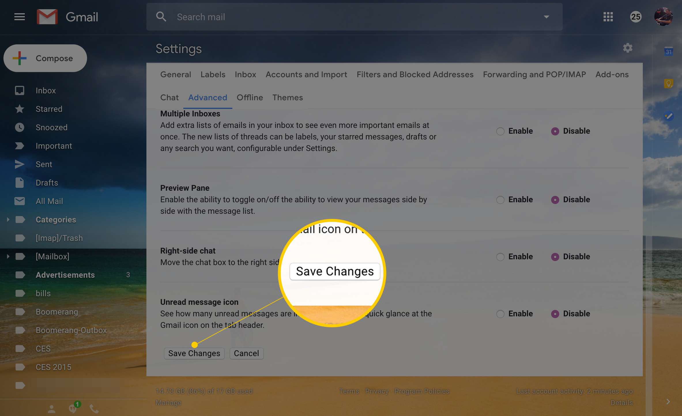 Tlačítko Uložit změny na kartě Pokročilé nastavení služby Gmail