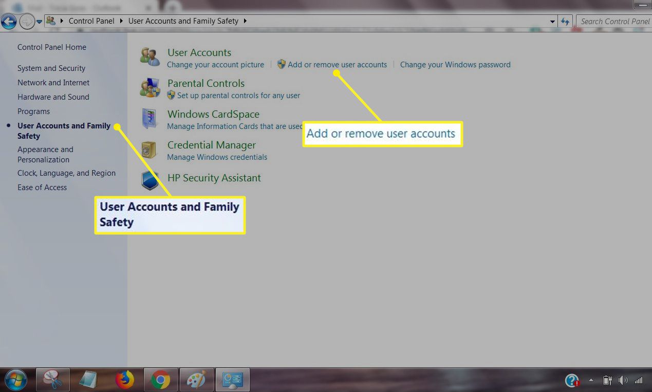 V části Uživatelské účty a bezpečnost rodiny v Ovládacích panelech je vybrána možnost Přidat nebo odebrat uživatelské účty