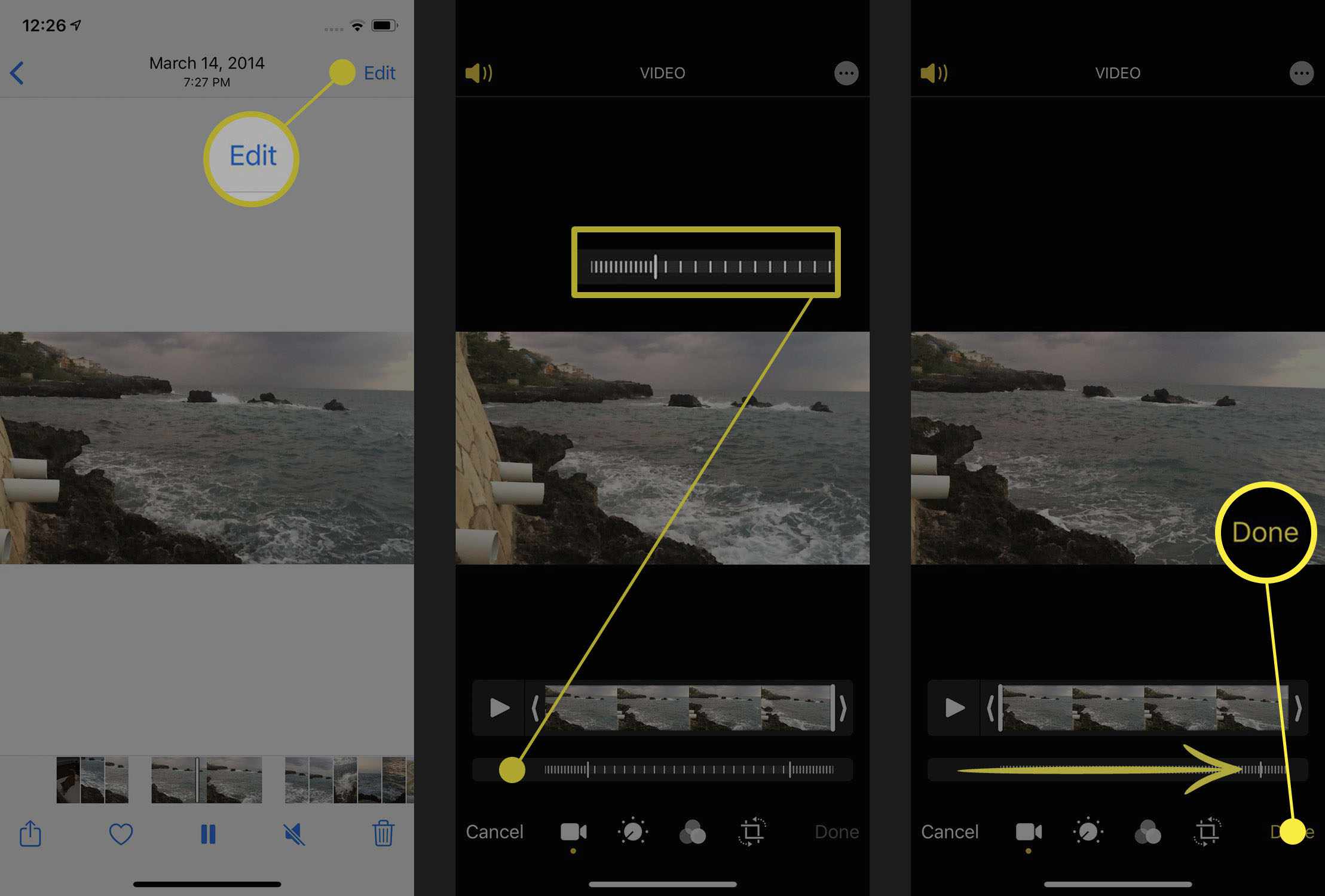 Screenshoty zrychlení videí typu „sla-mo“ v aplikaci Fotky iPhone.