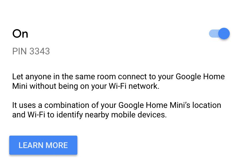 Aplikace Google Home ukazující, jak přepínat PIN v režimu hosta.
