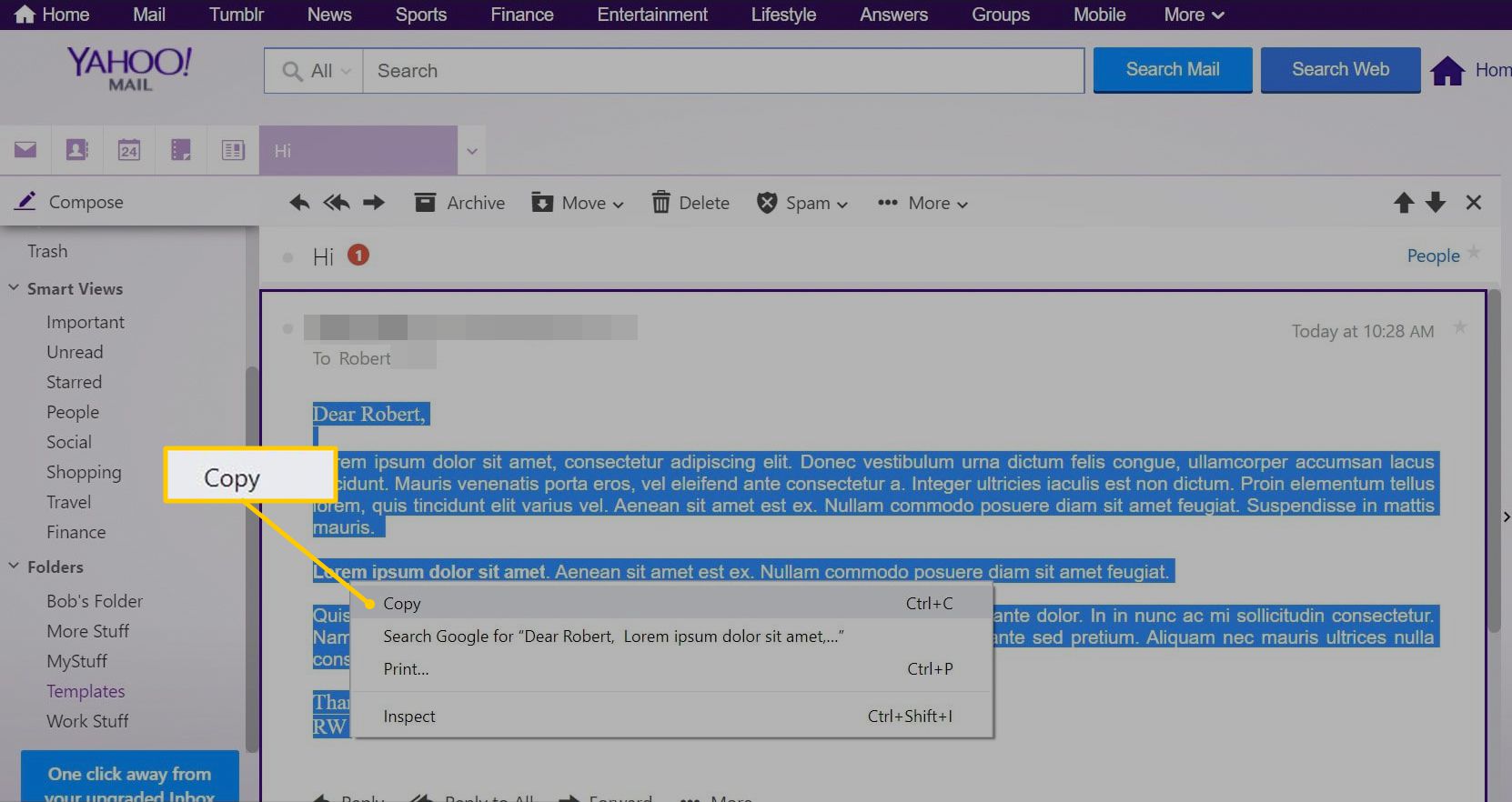 Možnost Kopírovat v nabídce v Yahoo Mail