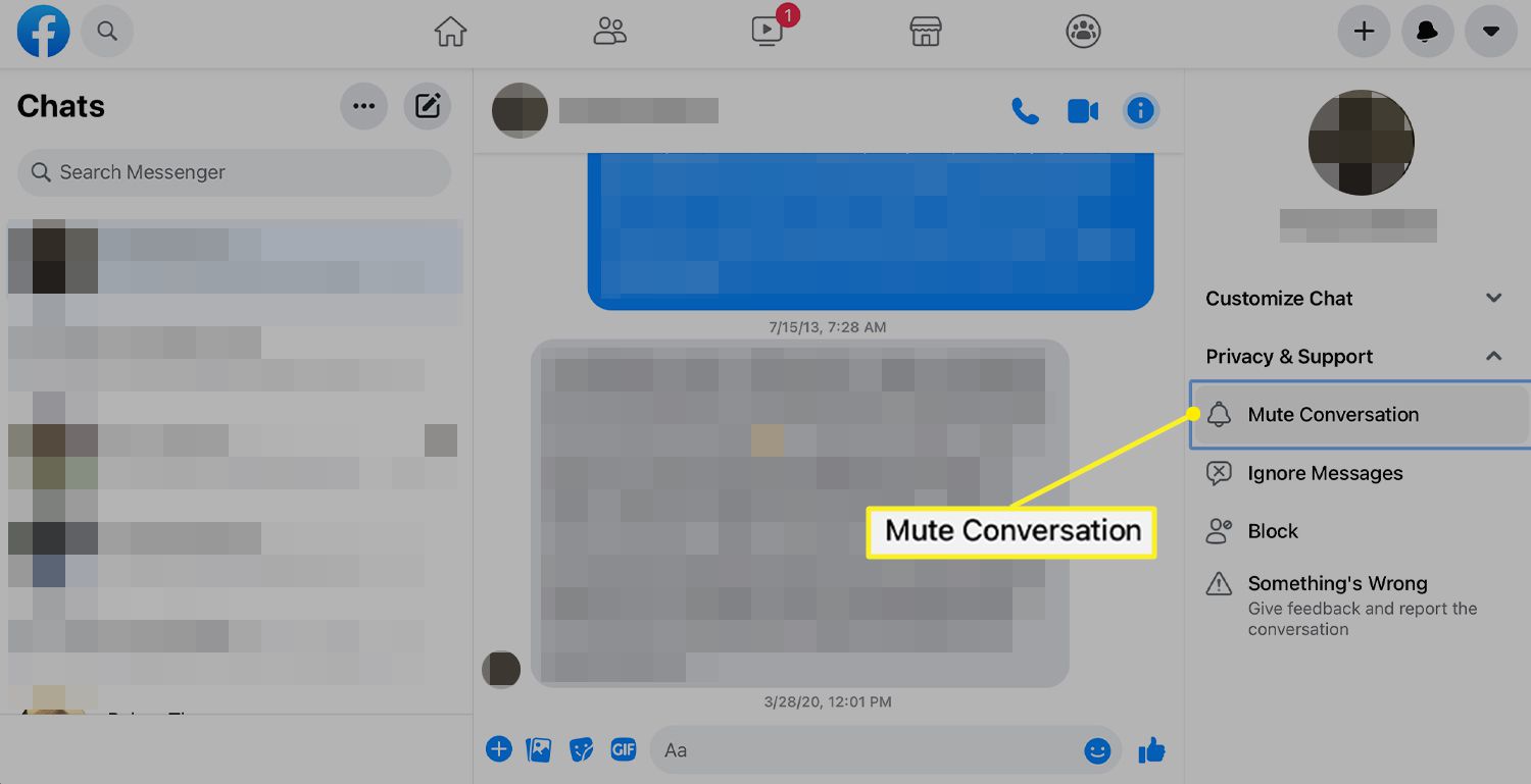 Nabídka Messenger s funkcí Ztlumit konverzaci 
